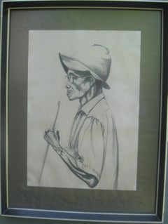 'Portrait of a Tribesman.'  Pencil and Conte crayon on paper circa 1960's. 