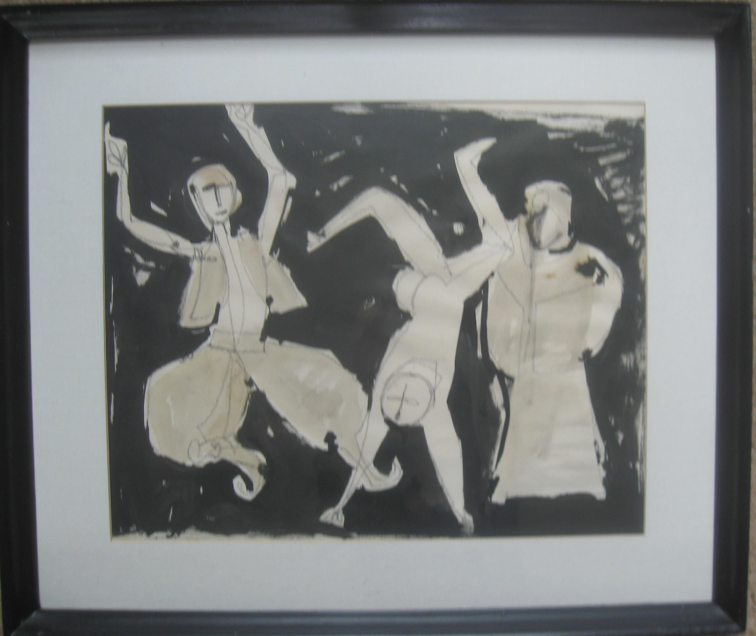 Adolfo Rasmussum Figurative Art - 'Acrobatic Dancers ' Pencil , pen and ink on paper, circa 1950's.