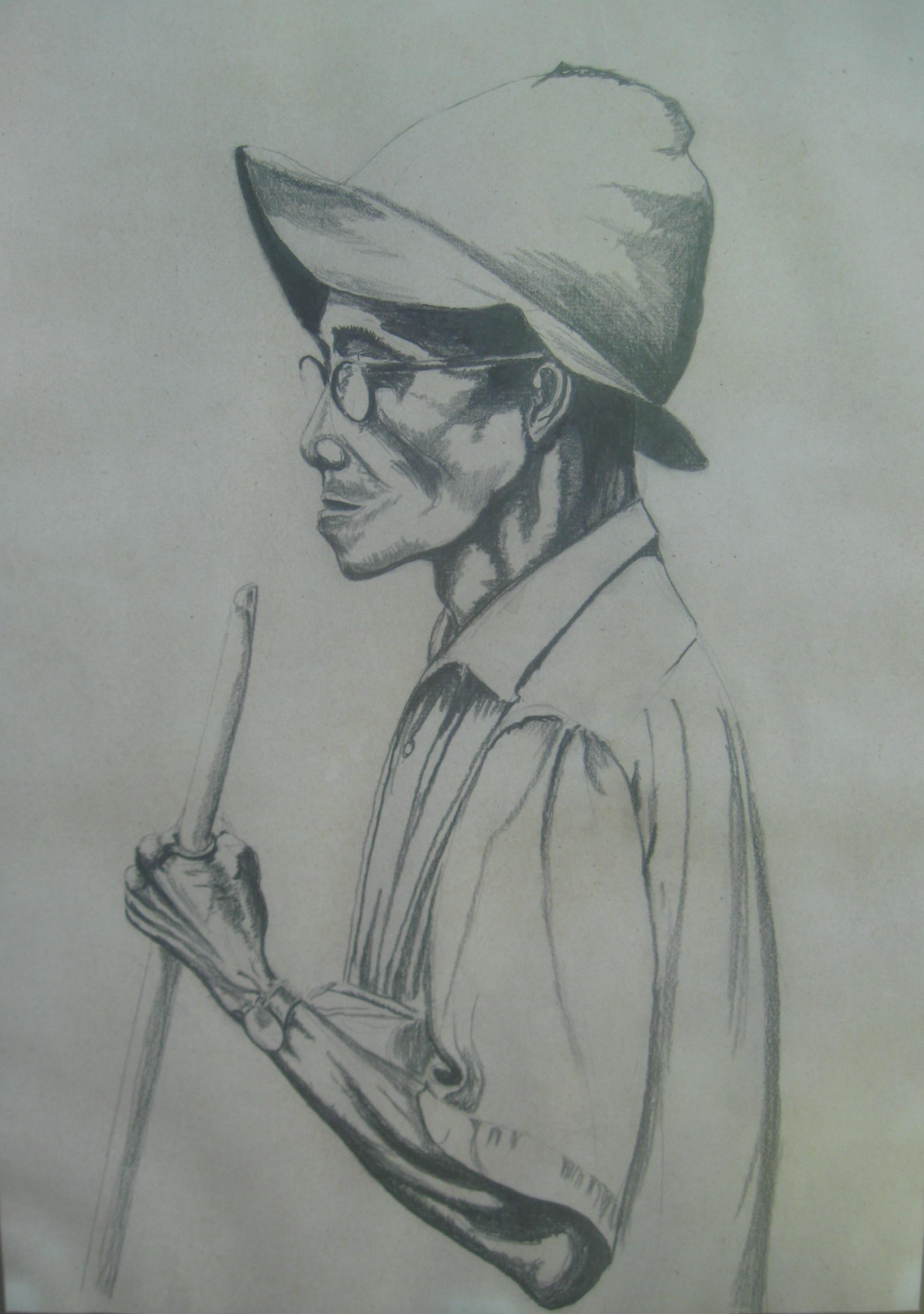 'Portrait of a Tribesman.'  Pencil and Conte crayon on paper circa 1960's.  For Sale 3