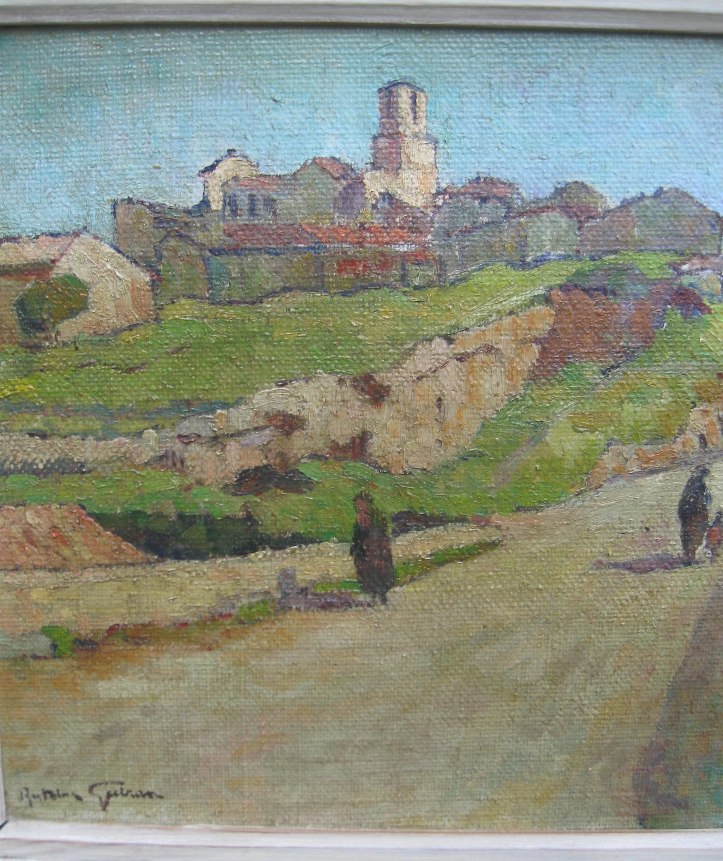 « Hill Top Town, Provence, France » Huile impressionniste sur toile, circa 1950. - Post-impressionnisme Painting par Antoine Guiran