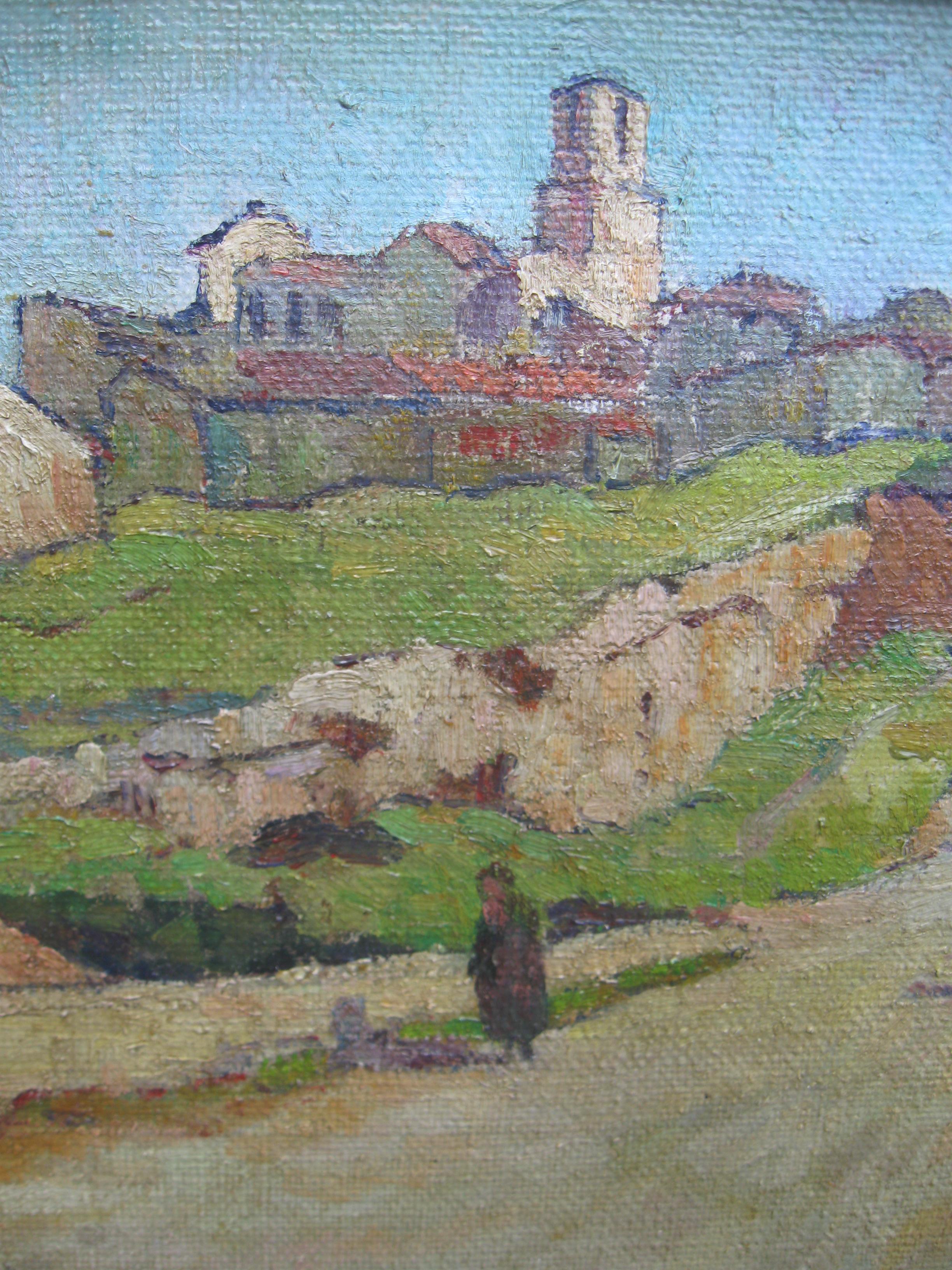 « Hill Top Town, Provence, France » Huile impressionniste sur toile, circa 1950. - Gris Landscape Painting par Antoine Guiran