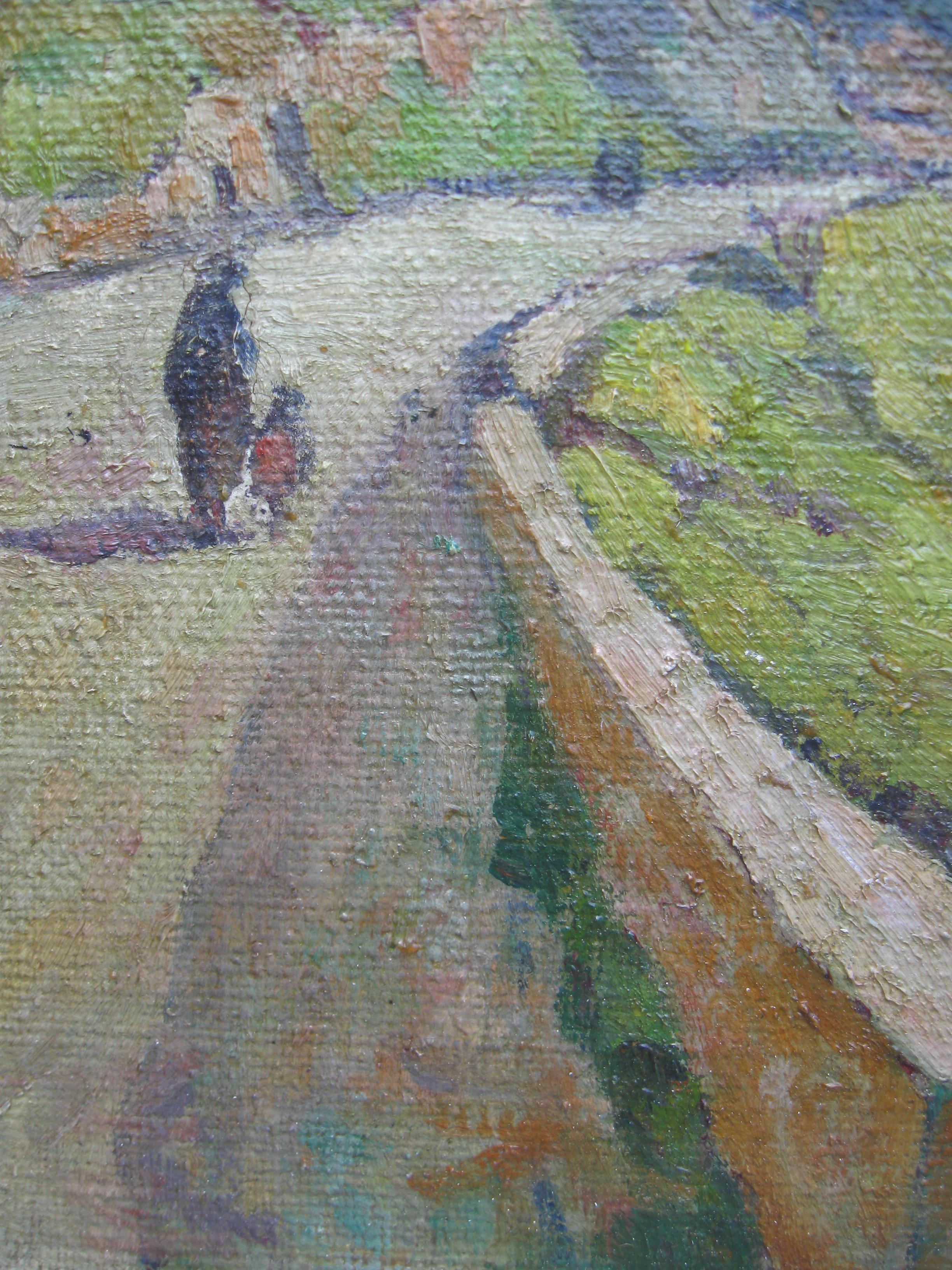 « Hill Top Town, Provence, France » Huile impressionniste sur toile, circa 1950. 1