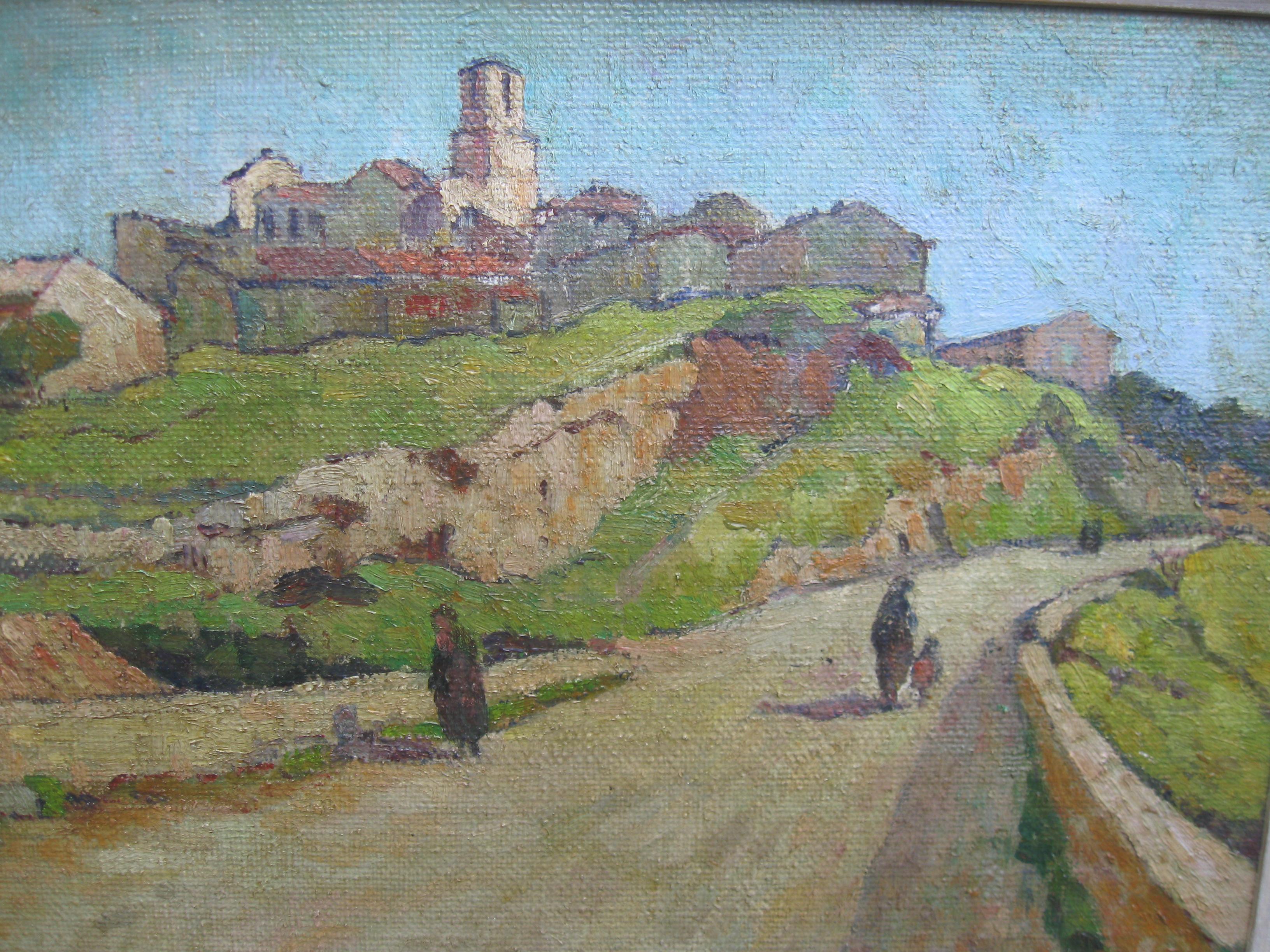 « Hill Top Town, Provence, France » Huile impressionniste sur toile, circa 1950. 3