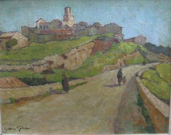 « Hill Top Town, Provence, France » Huile impressionniste sur toile, circa 1950.