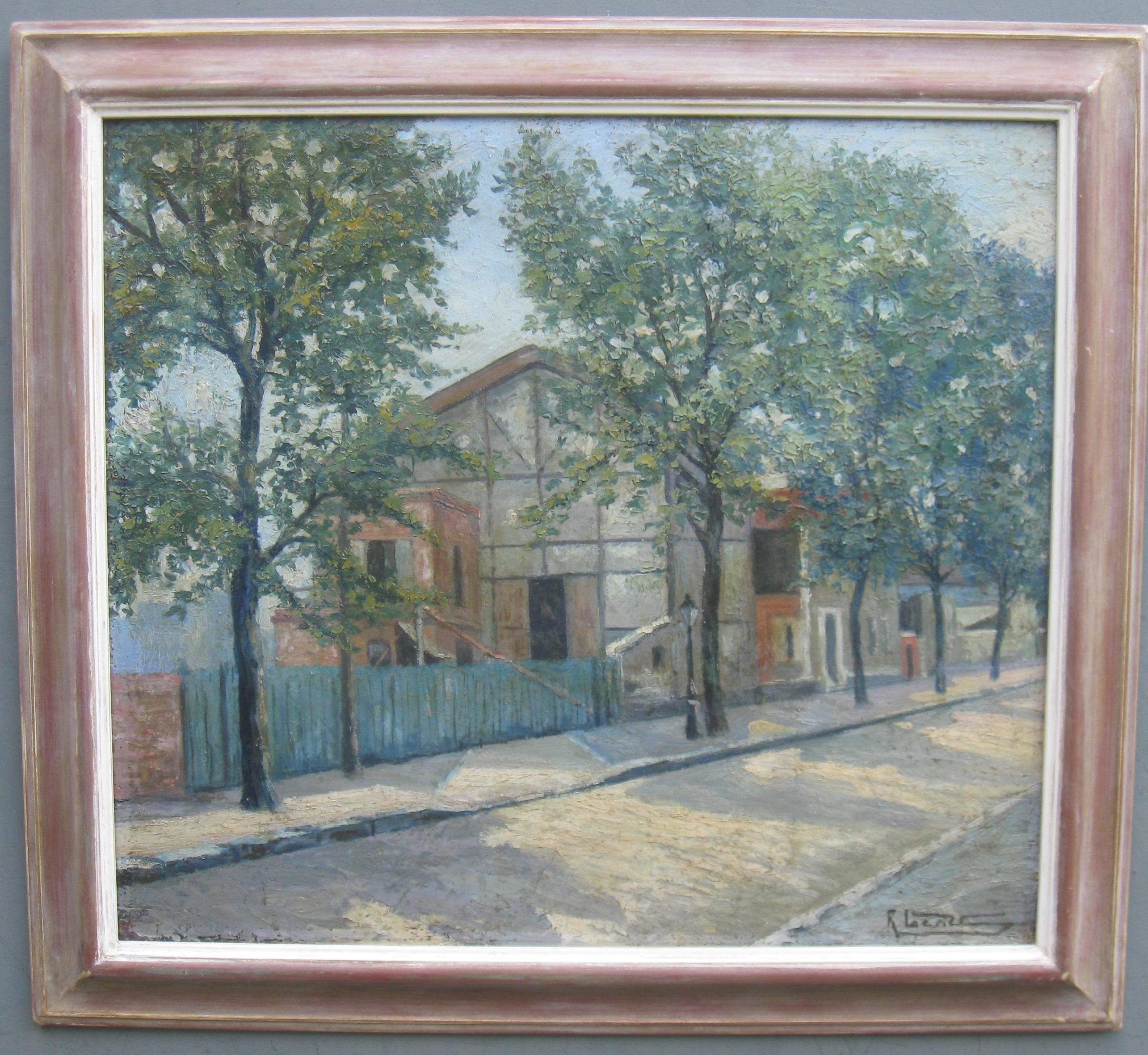 „Atelier, Pariser Straßenszene“, impressionistisches Ölgemälde auf Karton, um 1930 – Painting von Rene Sim Lacaze