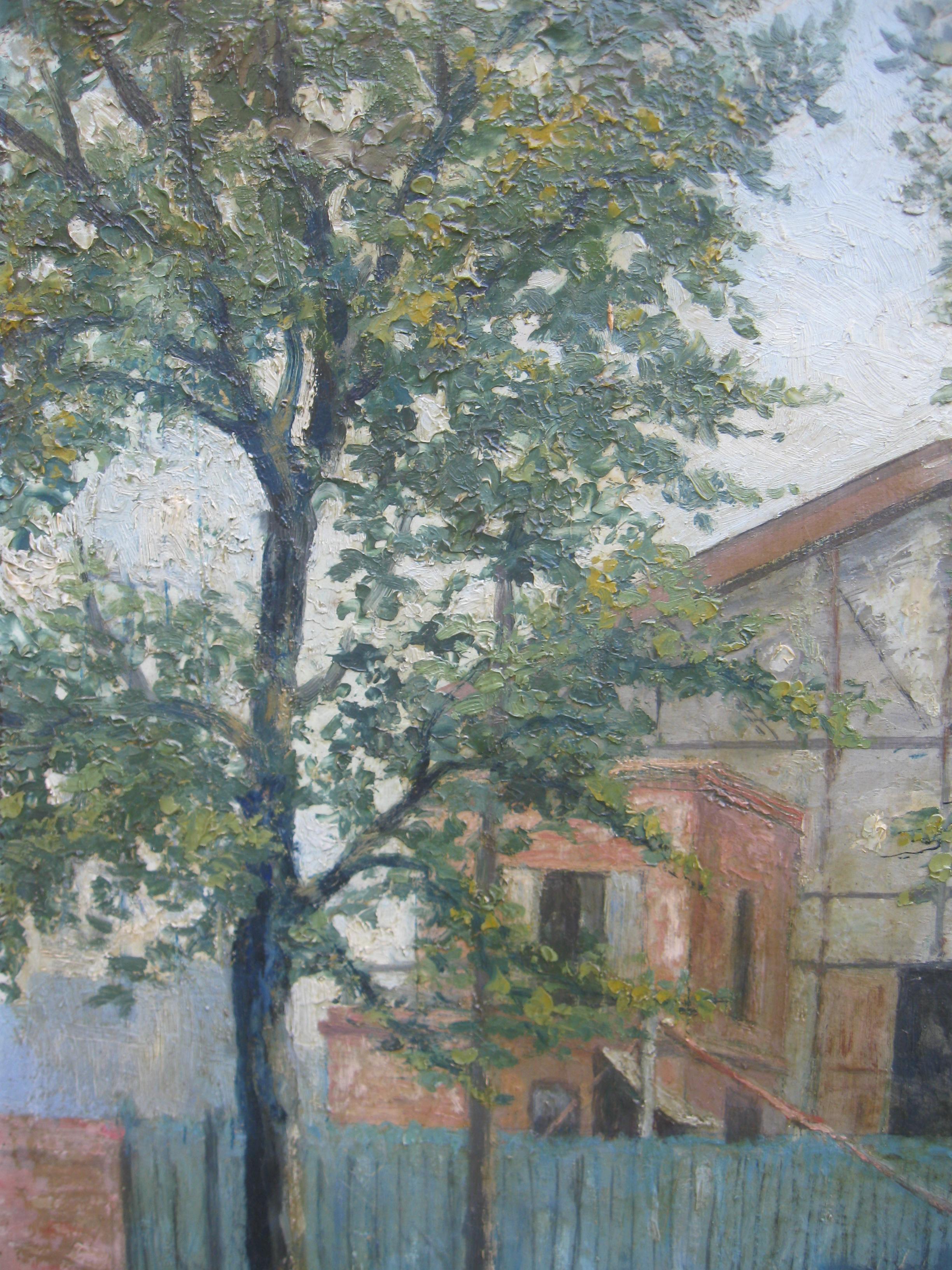 „Atelier, Pariser Straßenszene“, impressionistisches Ölgemälde auf Karton, um 1930 (Grau), Landscape Painting, von Rene Sim Lacaze
