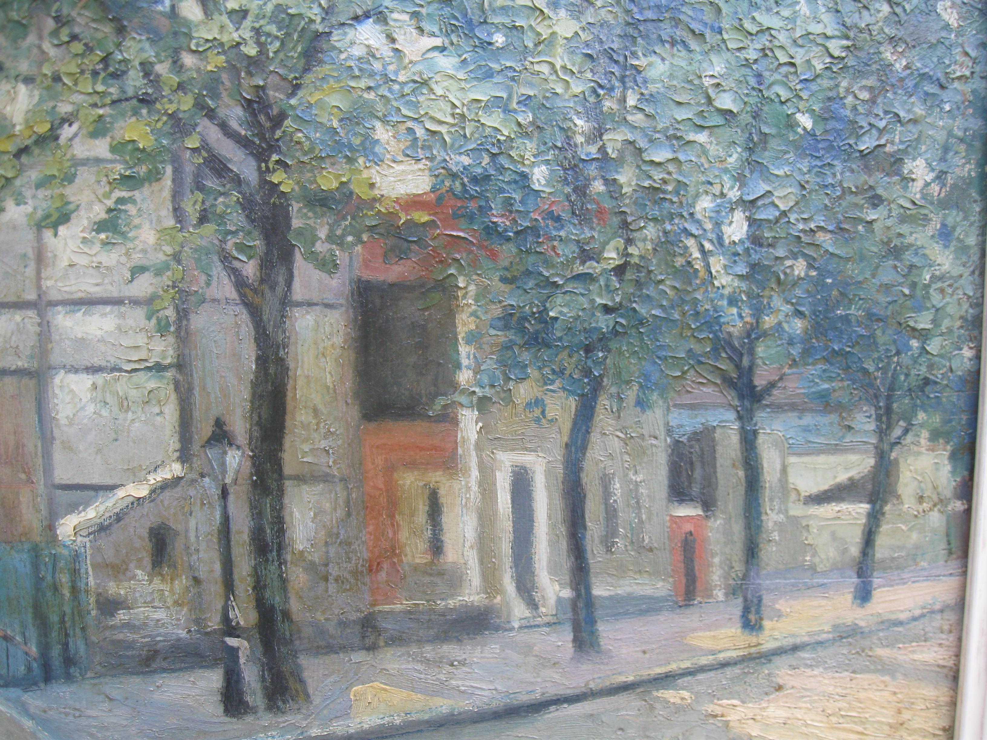 'Atelier, Paris Street Scene' Impressionist oil on board c1930's - Gray Landscape Painting by Rene Sim Lacaze