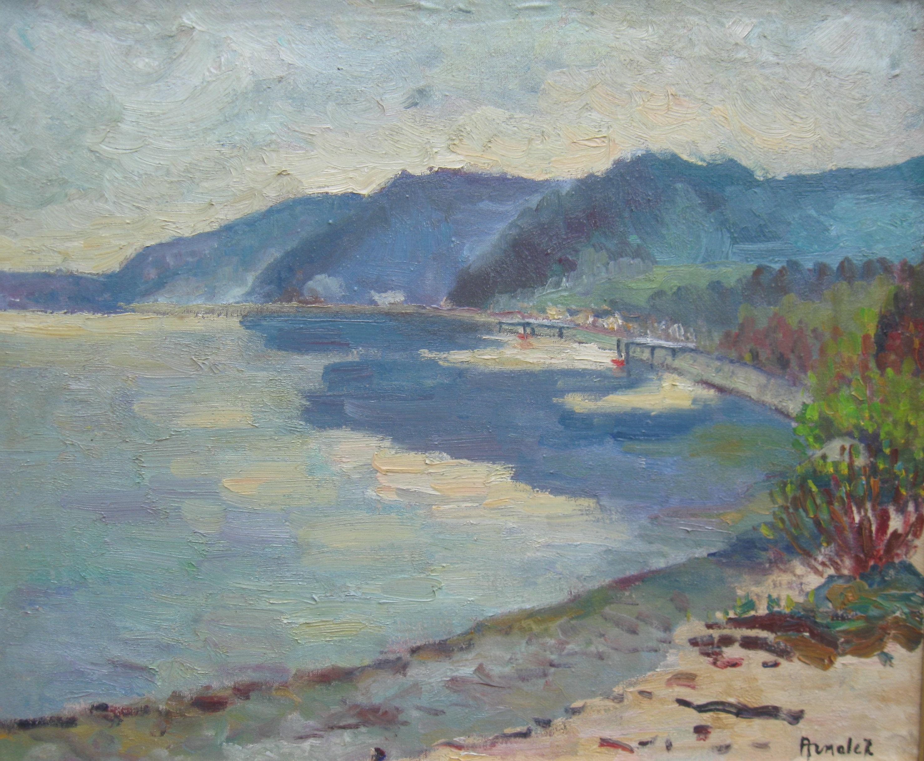 Landscape Painting Albert Malet - Peinture à l'huile impressionniste « Près d'Antibes:: paysage côtier »:: années 1950