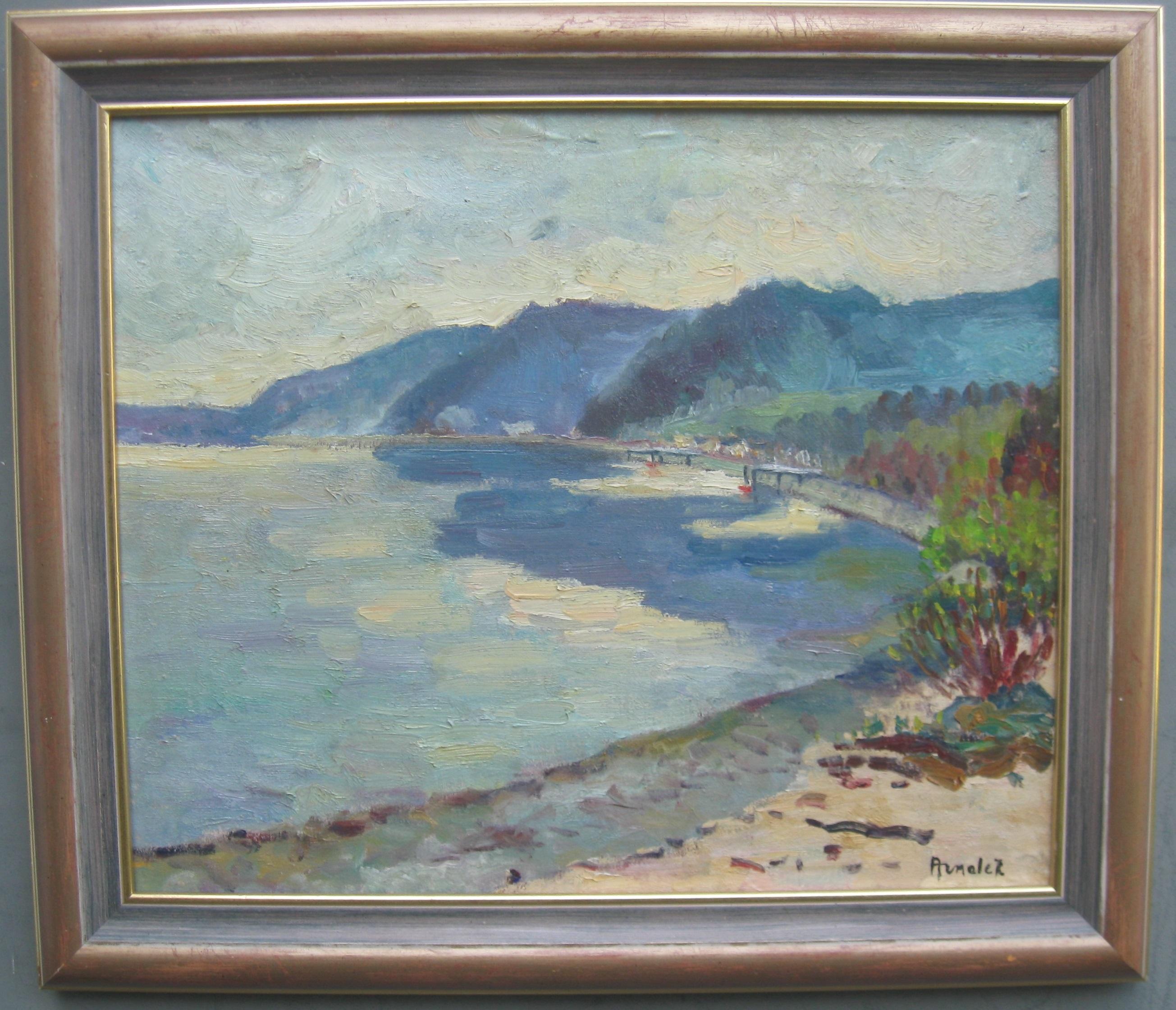 Peinture à l'huile impressionniste « Près d'Antibes:: paysage côtier »:: années 1950 - Painting de Albert Malet