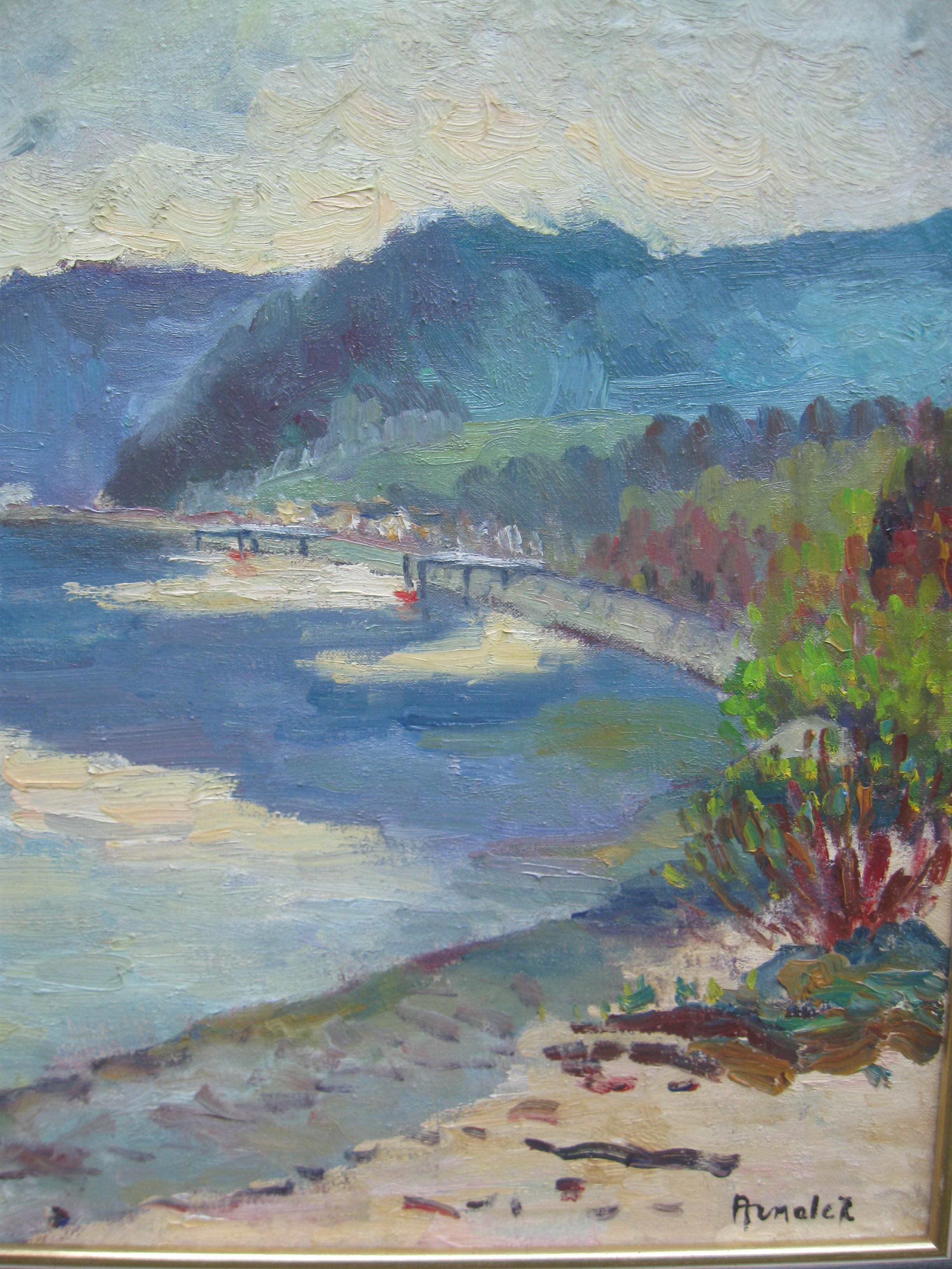 Peinture à l'huile impressionniste « Près d'Antibes:: paysage côtier »:: années 1950 - Impressionnisme Painting par Albert Malet