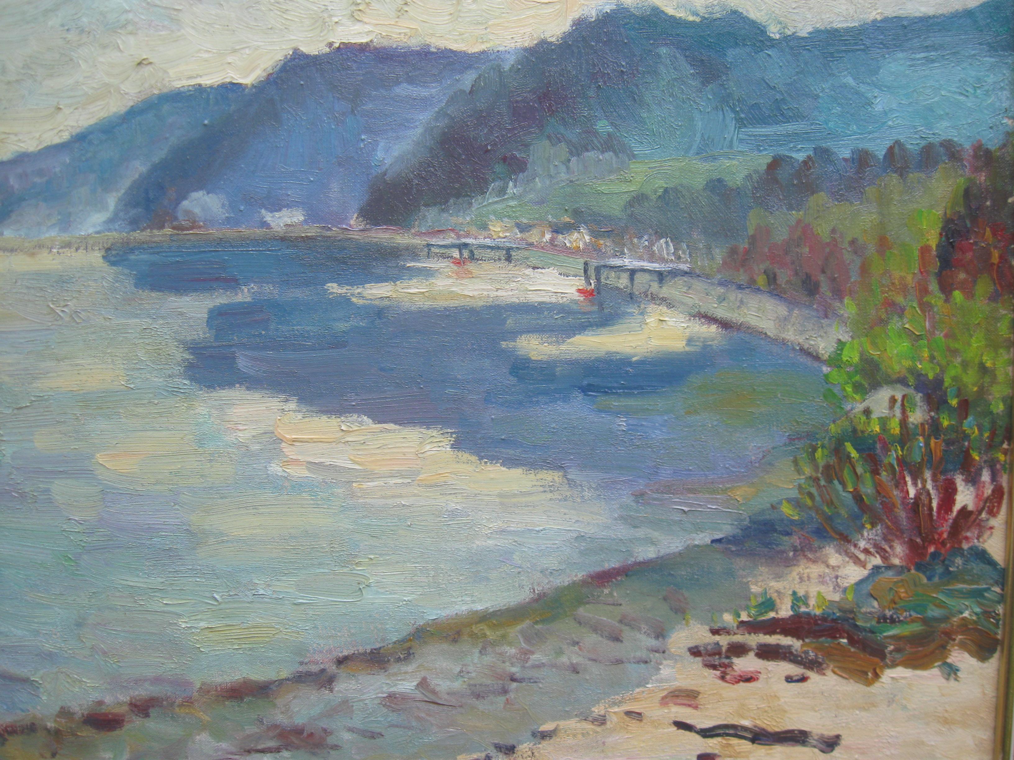 Peinture à l'huile impressionniste « Près d'Antibes:: paysage côtier »:: années 1950 - Gris Landscape Painting par Albert Malet