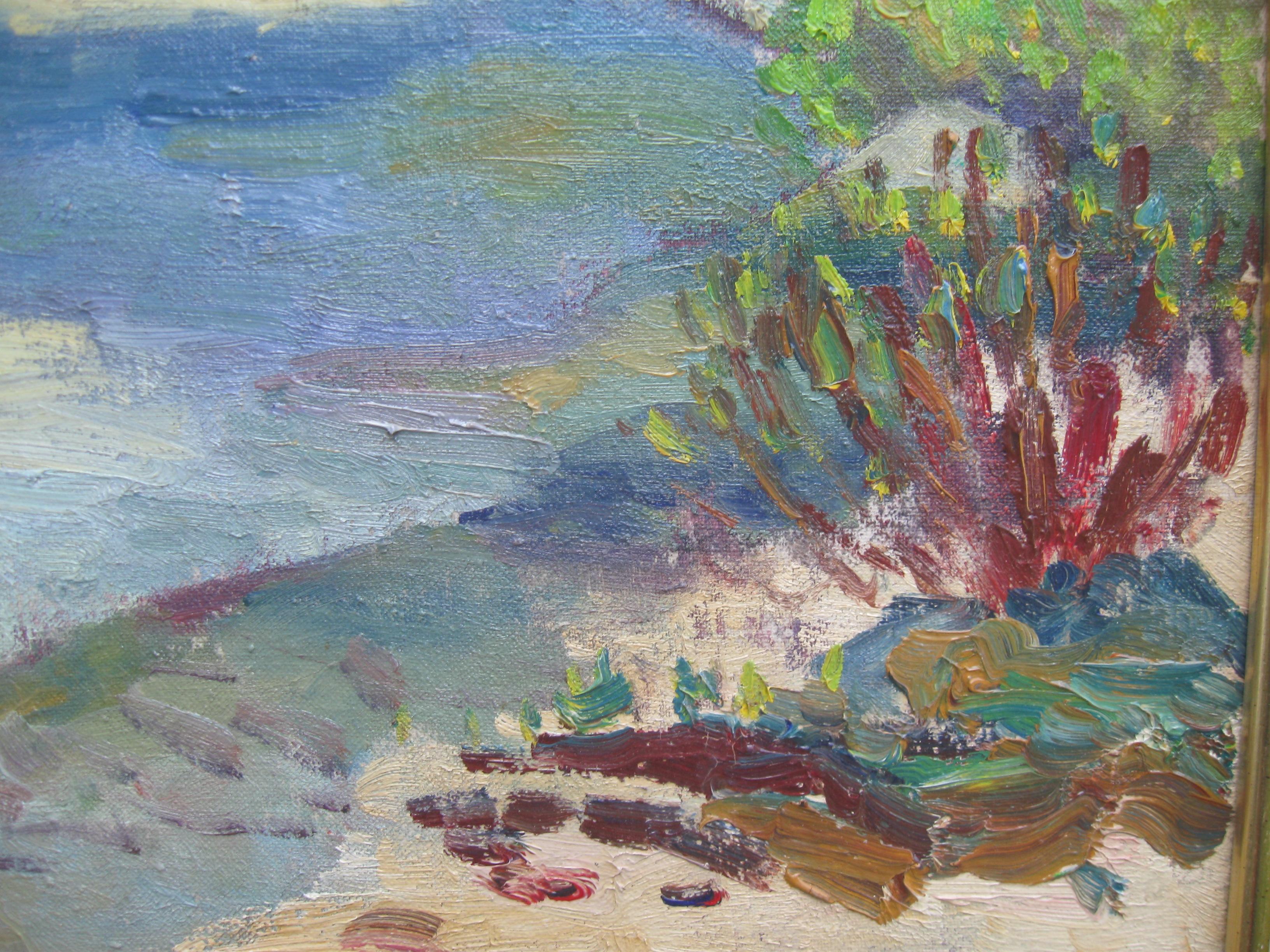 Peinture à l'huile impressionniste « Près d'Antibes:: paysage côtier »:: années 1950 1