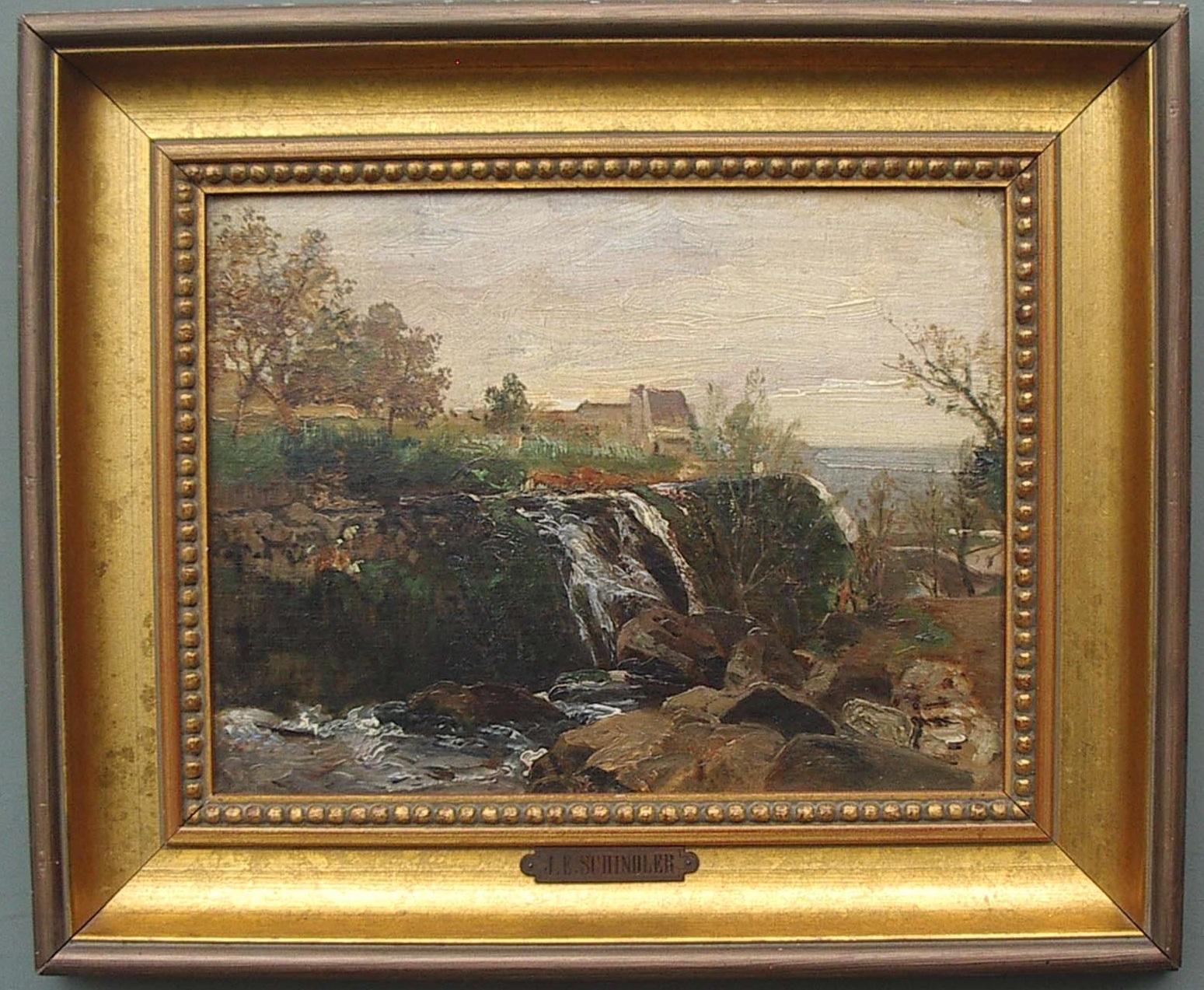 « Paysage de rivière près de la côte », huile sur toile, années 1880 - Painting de Emil Jacob Schindler