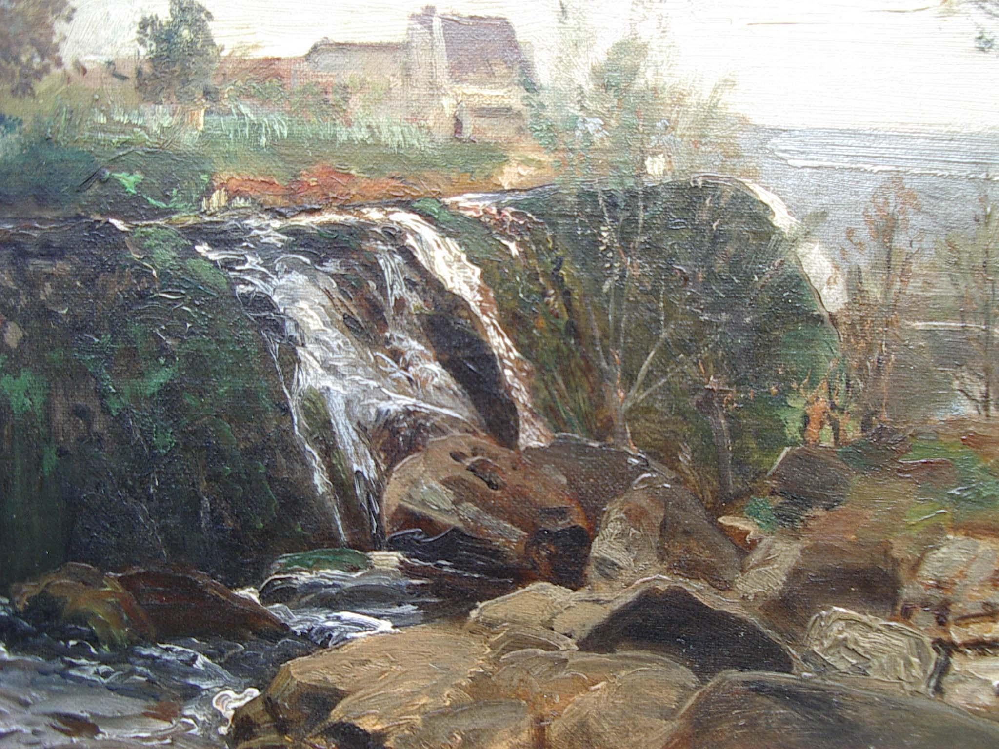 « Paysage de rivière près de la côte », huile sur toile, années 1880 - Gris Landscape Painting par Emil Jacob Schindler