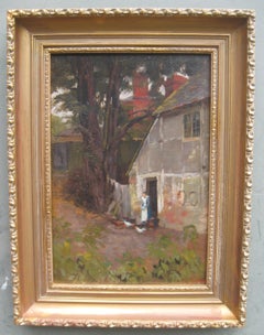 'Feeding the Chickens' oil on board circa 1930