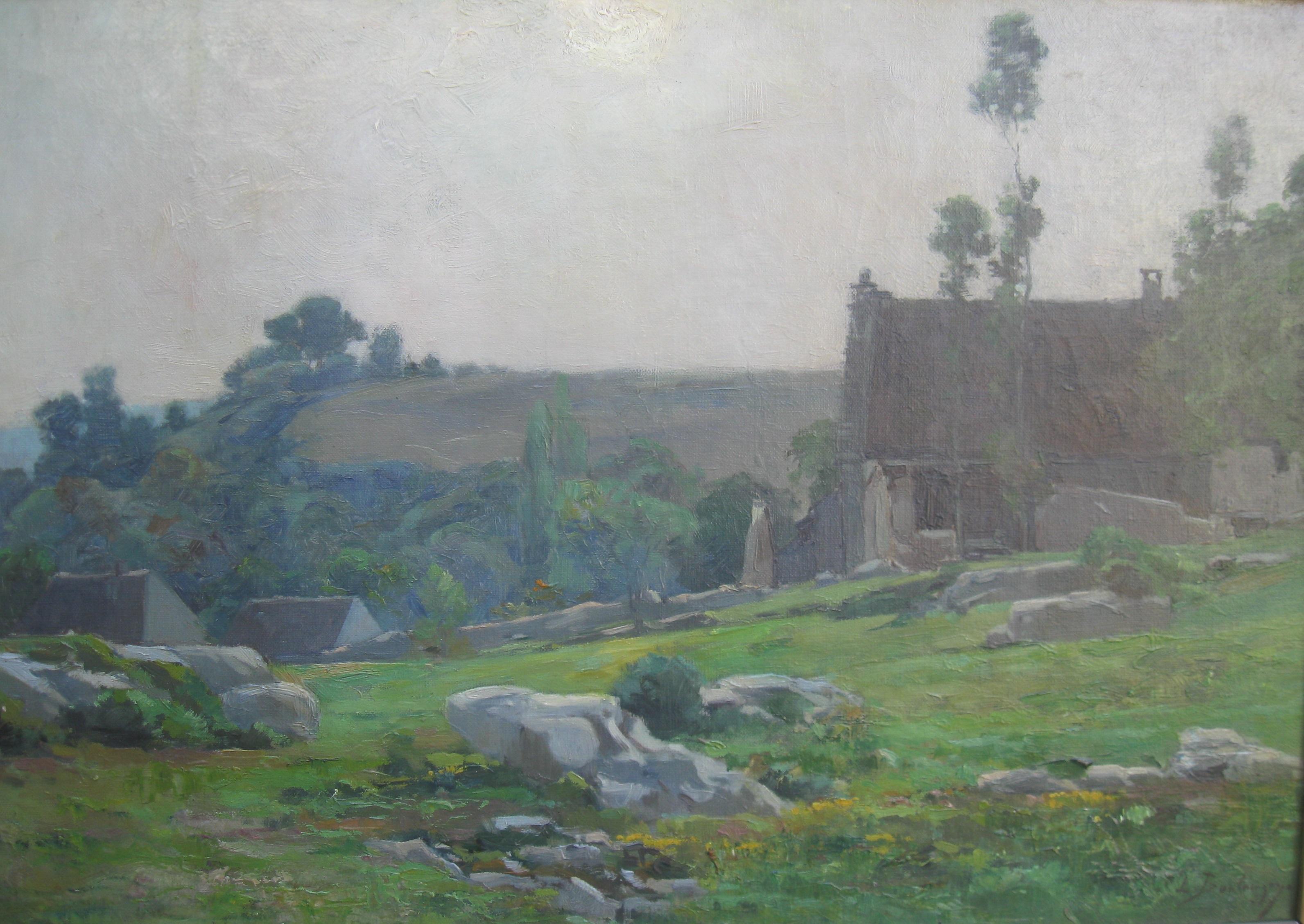 Impressionista francese: Paesaggio collinare con abitazioni olio del 1860 circa - Painting di Louis Boulanger 