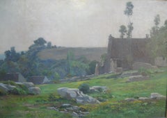 French Impressionist: Hillside Landscape with Dwellings oil circa 1860