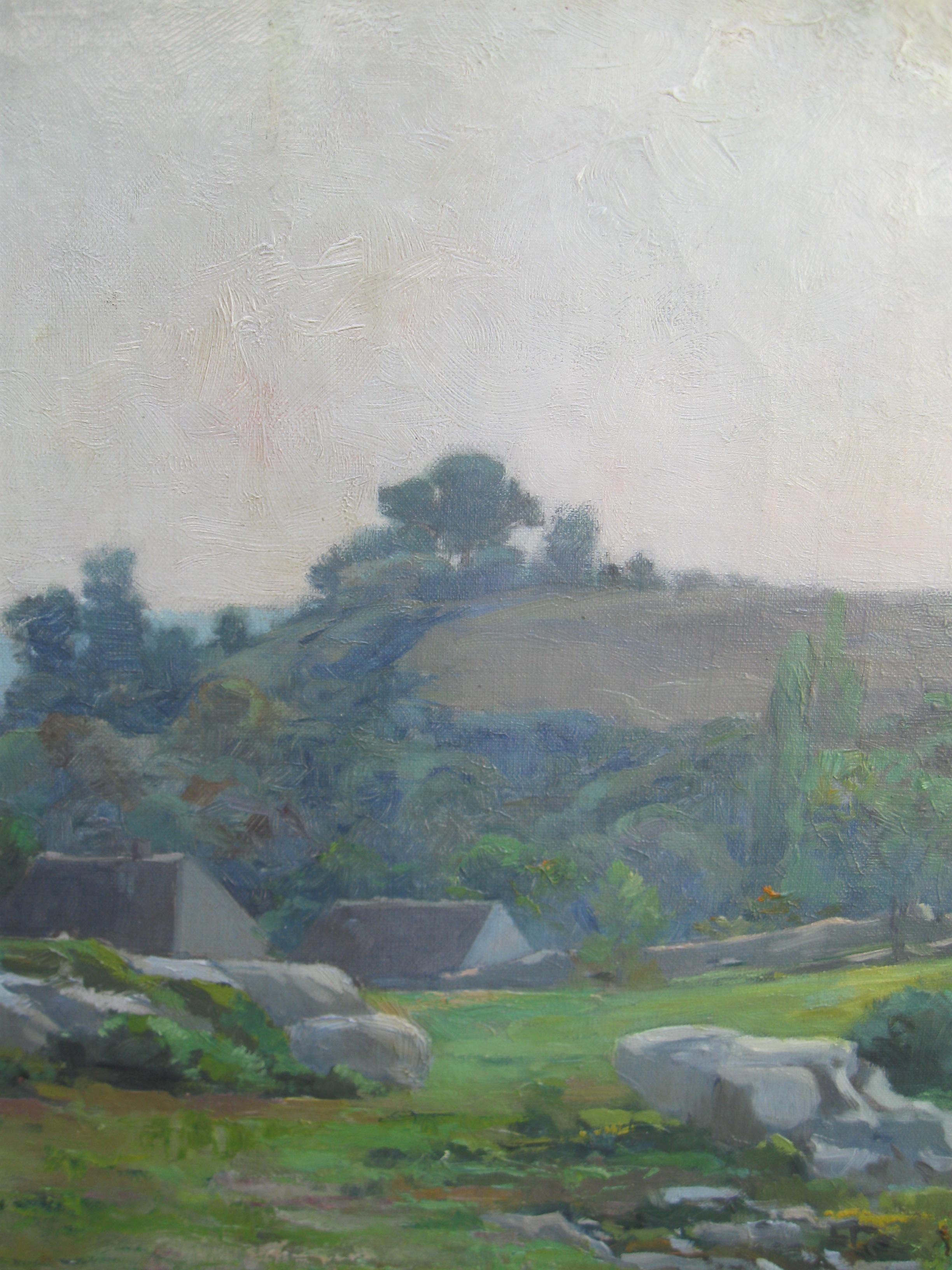 Französischer impressionistischer französischer Impressionist: Hügellandschaft mit Häusern Öl um 1860 (Impressionismus), Painting, von Louis Boulanger 