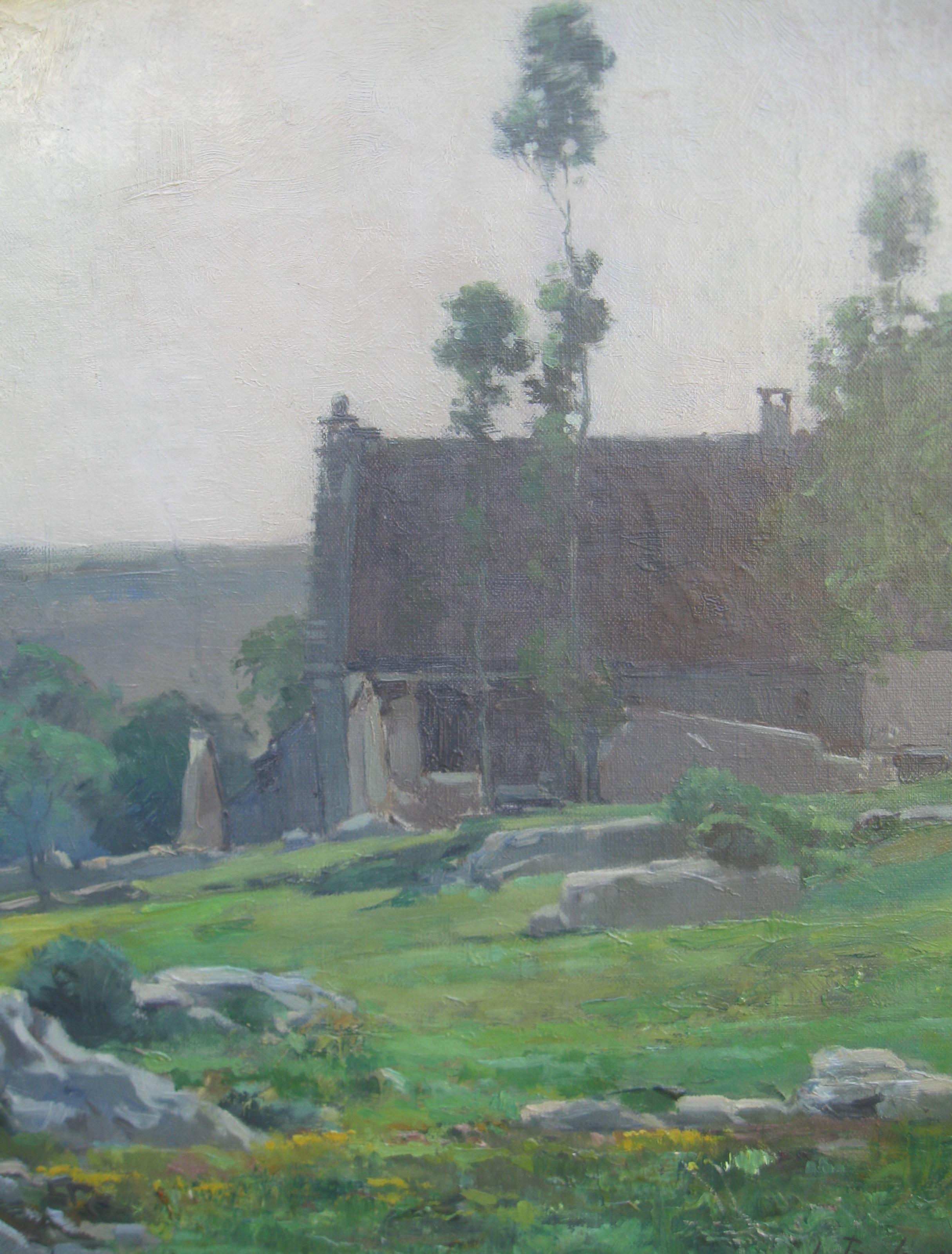 Impressionista francese: Paesaggio collinare con abitazioni olio del 1860 circa - Painting Impressionismo di Louis Boulanger 
