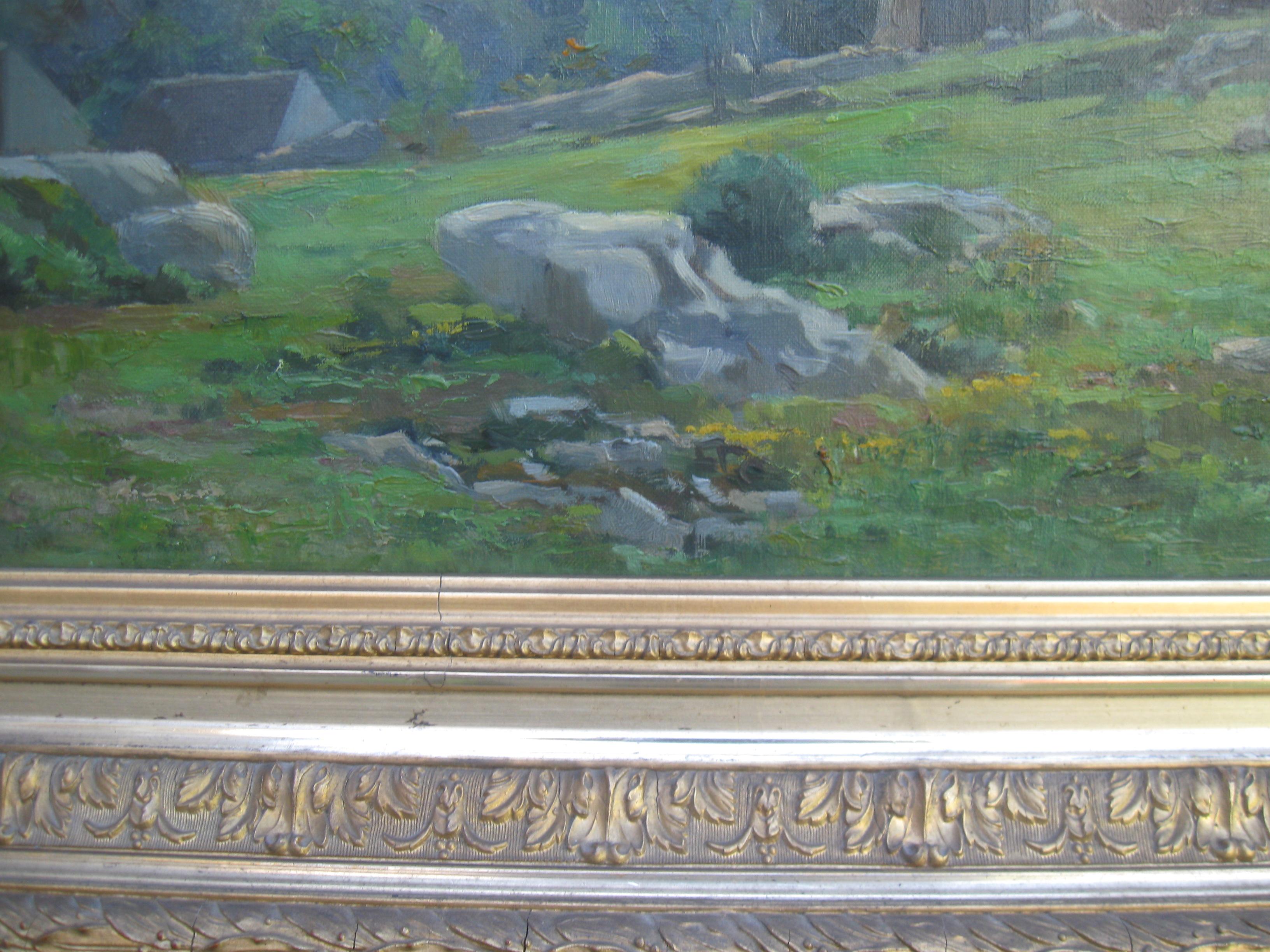 Impressionista francese: Paesaggio collinare con abitazioni olio del 1860 circa - Landscape Painting Grigio di Louis Boulanger 