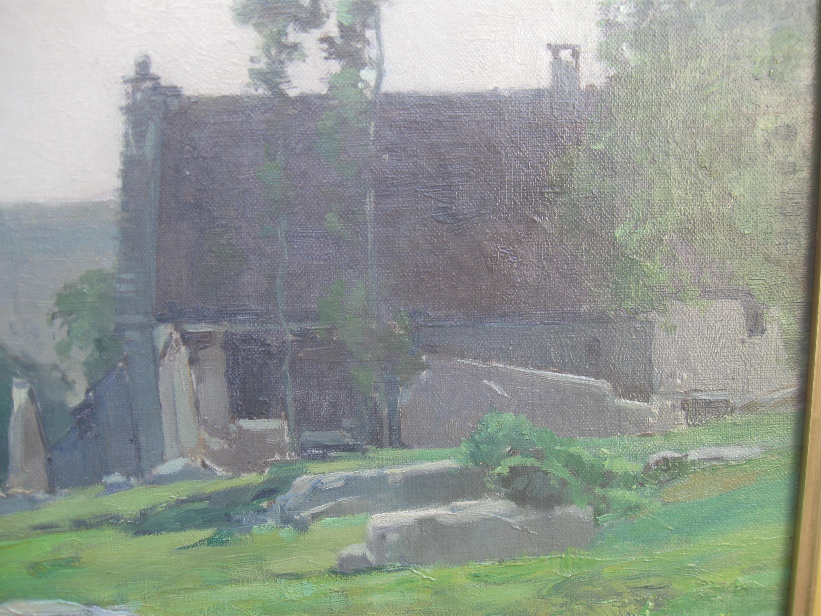 Impressionniste français : Paysage de collines avec maisons, huile, vers 1860 en vente 4