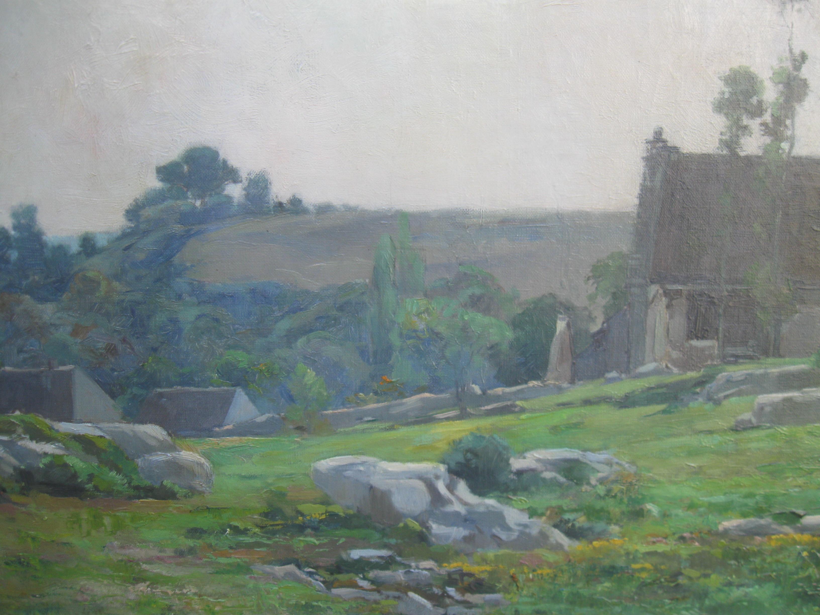 Impressionniste français : Paysage de collines avec maisons, huile, vers 1860 en vente 5