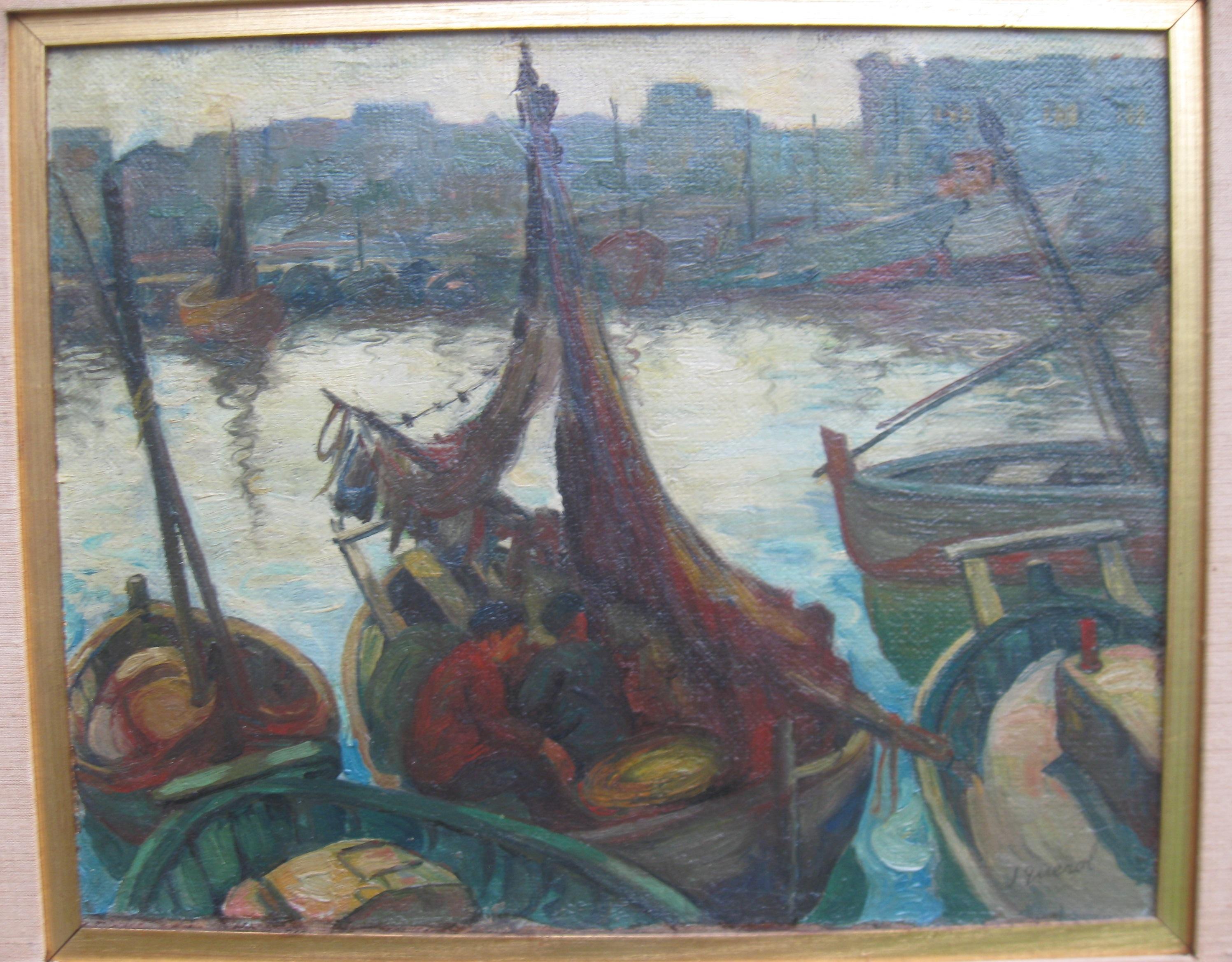 'Landing the Catch', Harbour Evening Scene oil on canvas circa 1950's - Painting by Leroy Querol
