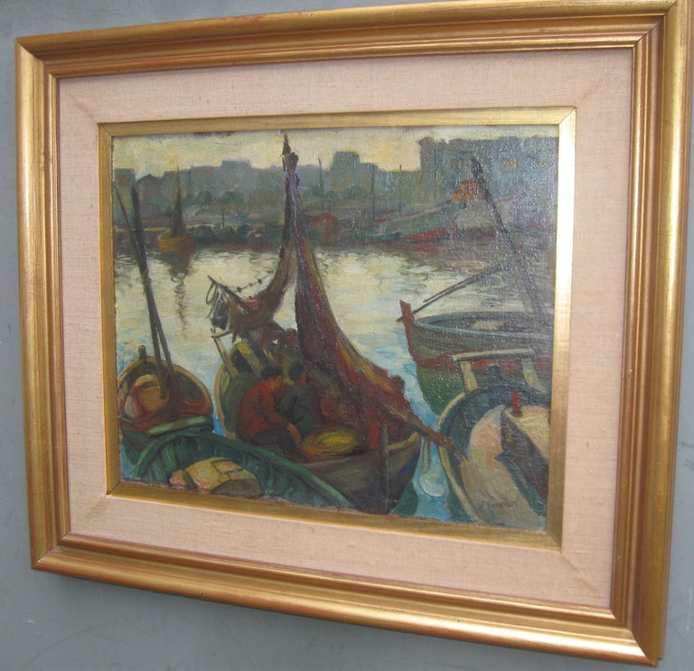 'Landing the Catch', Harbour Evening Scene oil on canvas circa 1950's - Post-Impressionist Painting by Leroy Querol