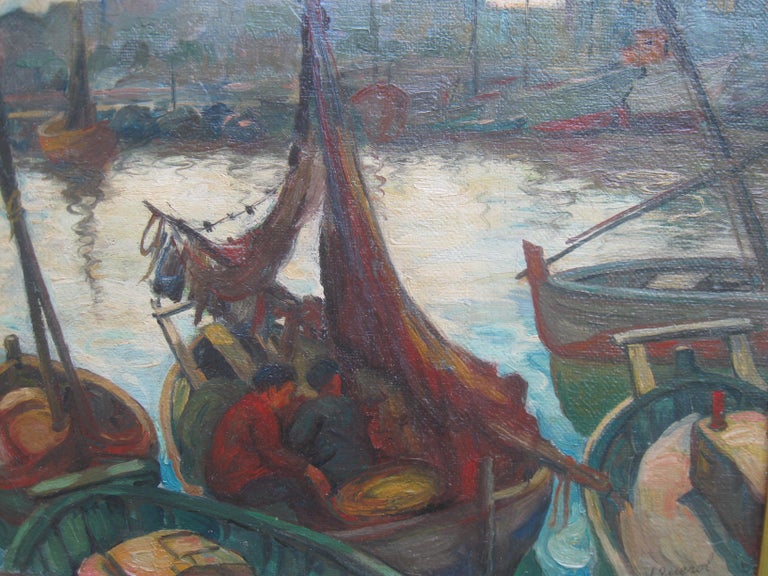 'Landing the Catch', Harbour Evening Scene oil on canvas circa 1950's - Gray Figurative Painting by Leroy Querol