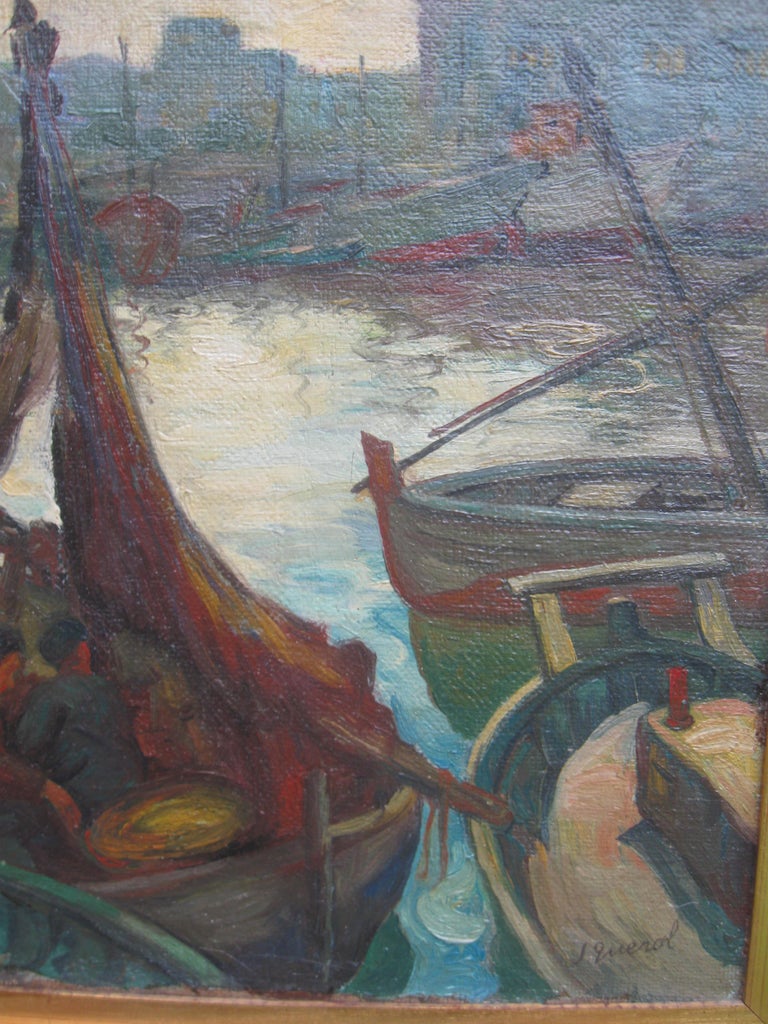 A fine Post Impressionist oil on canvas by Leroy Querol (1890-1967).
Fisherman landing the catch at Port late in the day circa 1950's
Oil on canvas 34cmx42cm
Good quality gallery frame 53cmx61cm
Wonderful subtle tones and stylized rhythmic