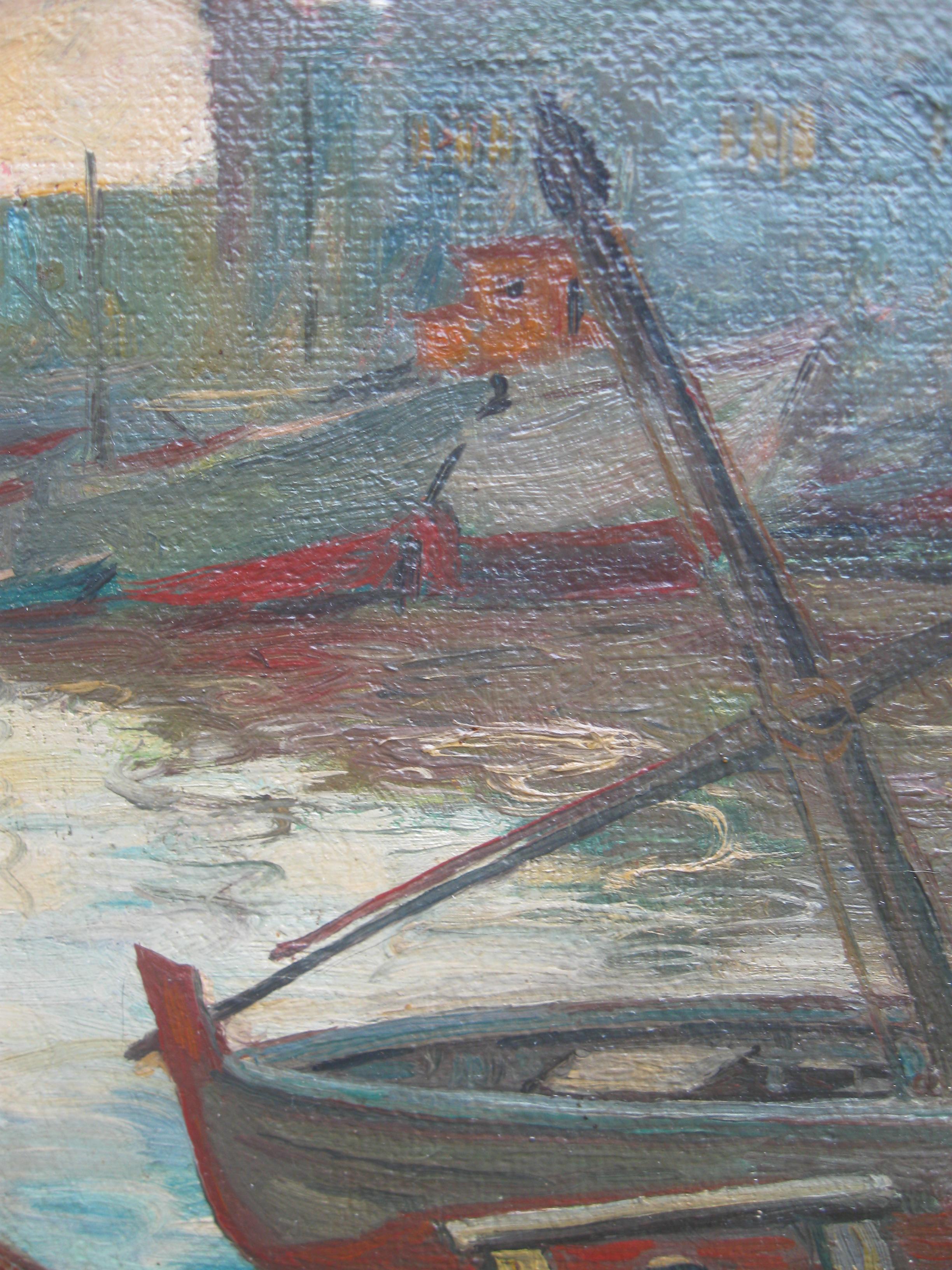 'Landing the Catch', Harbour Evening Scene oil on canvas circa 1950's - Gray Figurative Painting by Leroy Querol