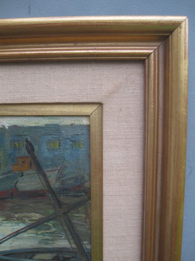 'Landing the Catch', Harbour Evening Scene oil on canvas circa 1950's For Sale 3