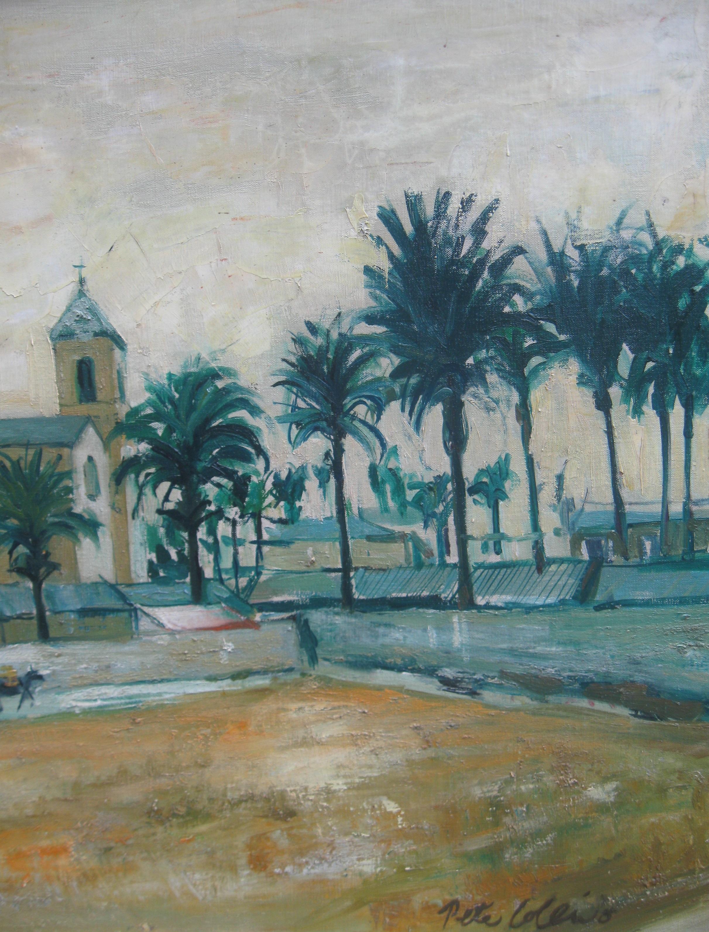 Grande huile d'une Townes méditerranéenne circa 1960's bien répertoriée par l'artiste. - Gris Landscape Painting par Peter Collins ARCA