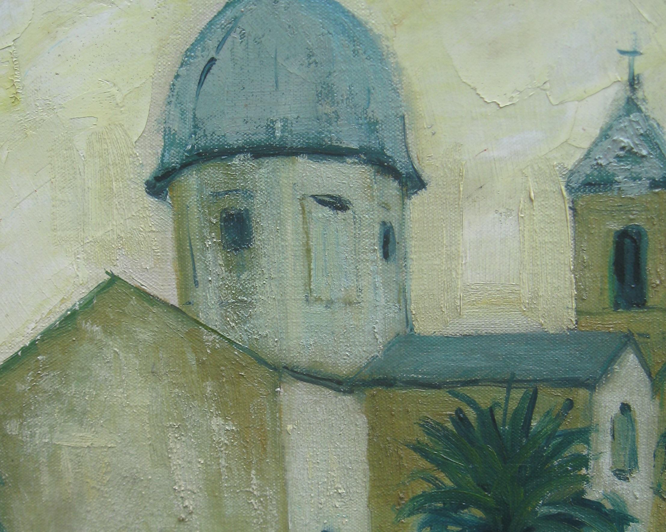 Large oil of a Mediterranean Town circa 1960's well listed artist For Sale 1
