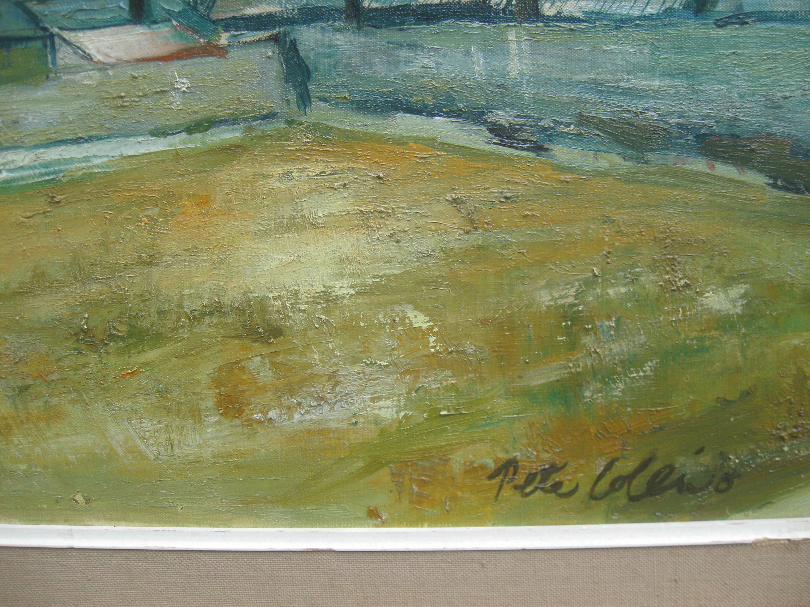 Large oil of a Mediterranean Town circa 1960's well listed artist For Sale 4