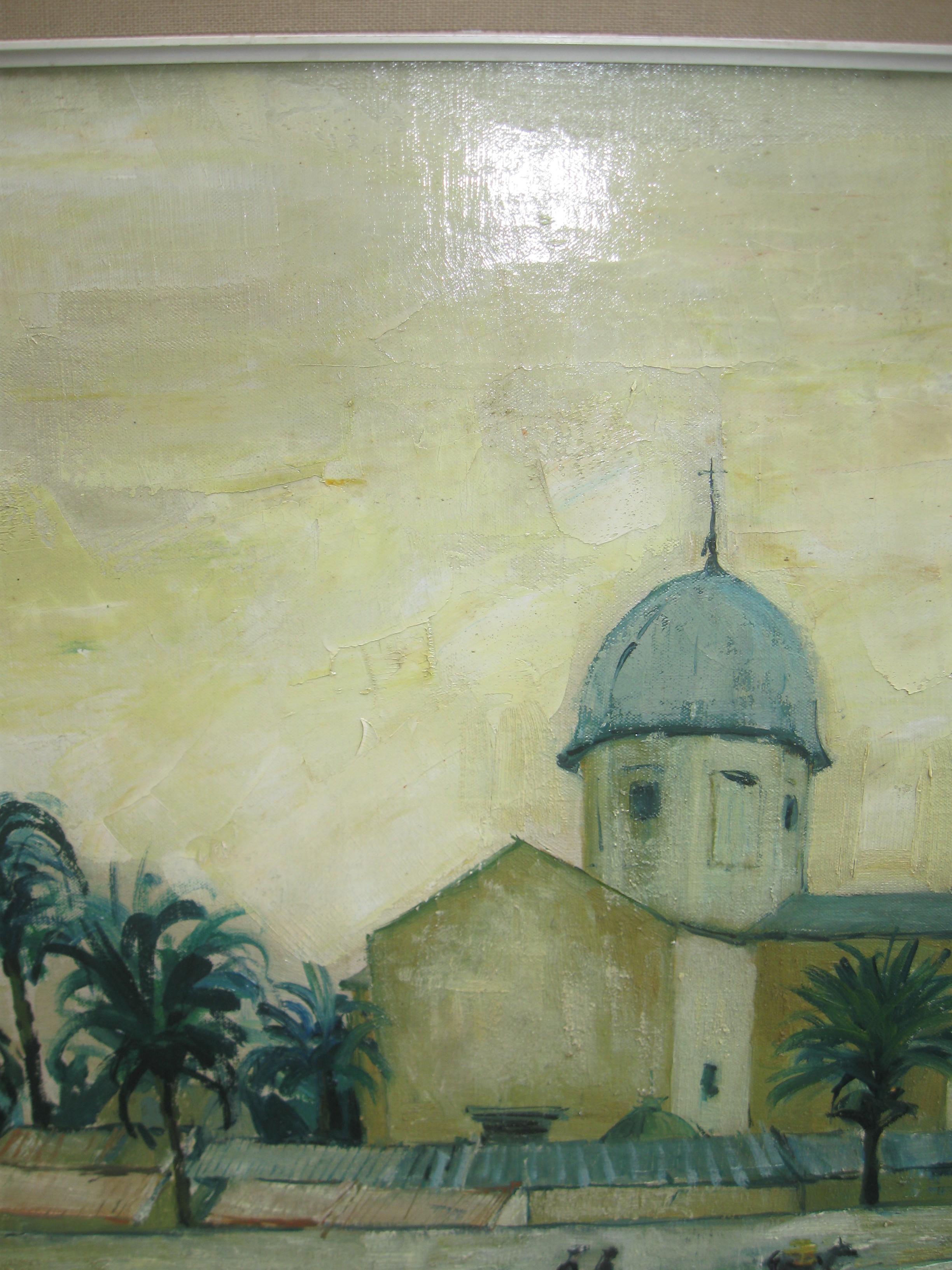 Large oil of a Mediterranean Town circa 1960's well listed artist For Sale 8