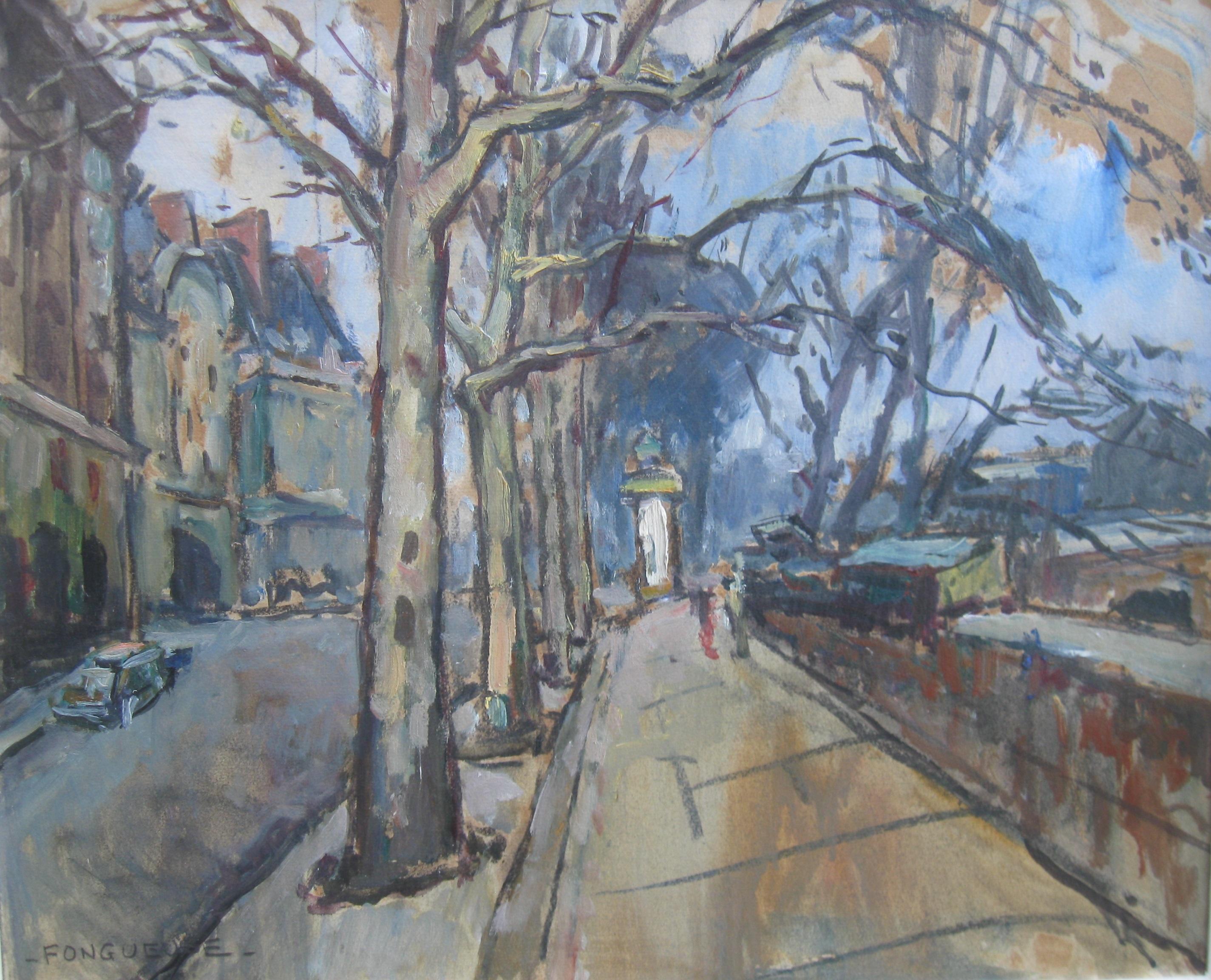 French Impressionist: Paris Street Scene near The river Seine oil circa 1950's - Painting by Maurice Fongueuse