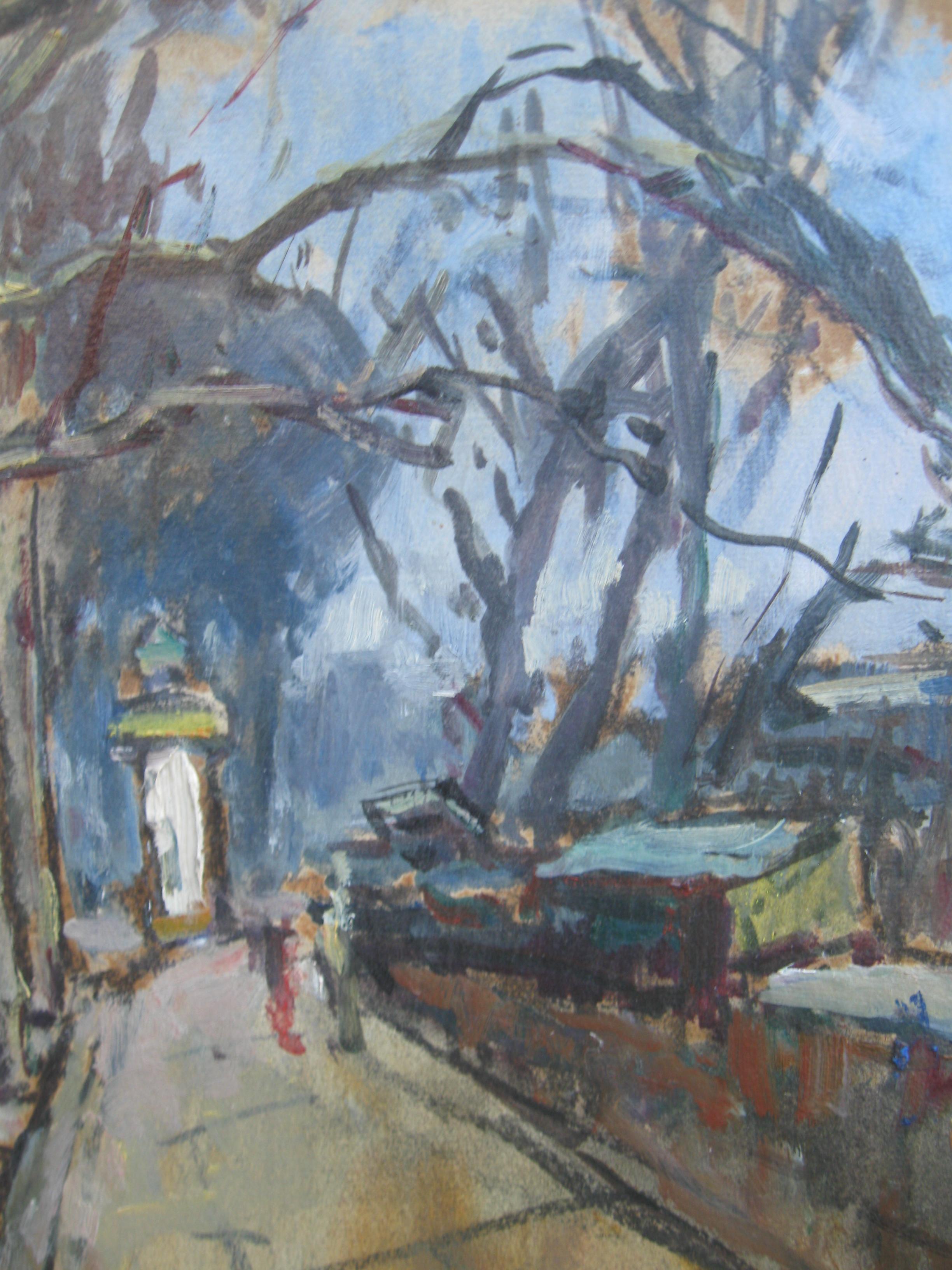 French Impressionist: Paris Street Scene near The river Seine oil circa 1950's - Gray Landscape Painting by Maurice Fongueuse