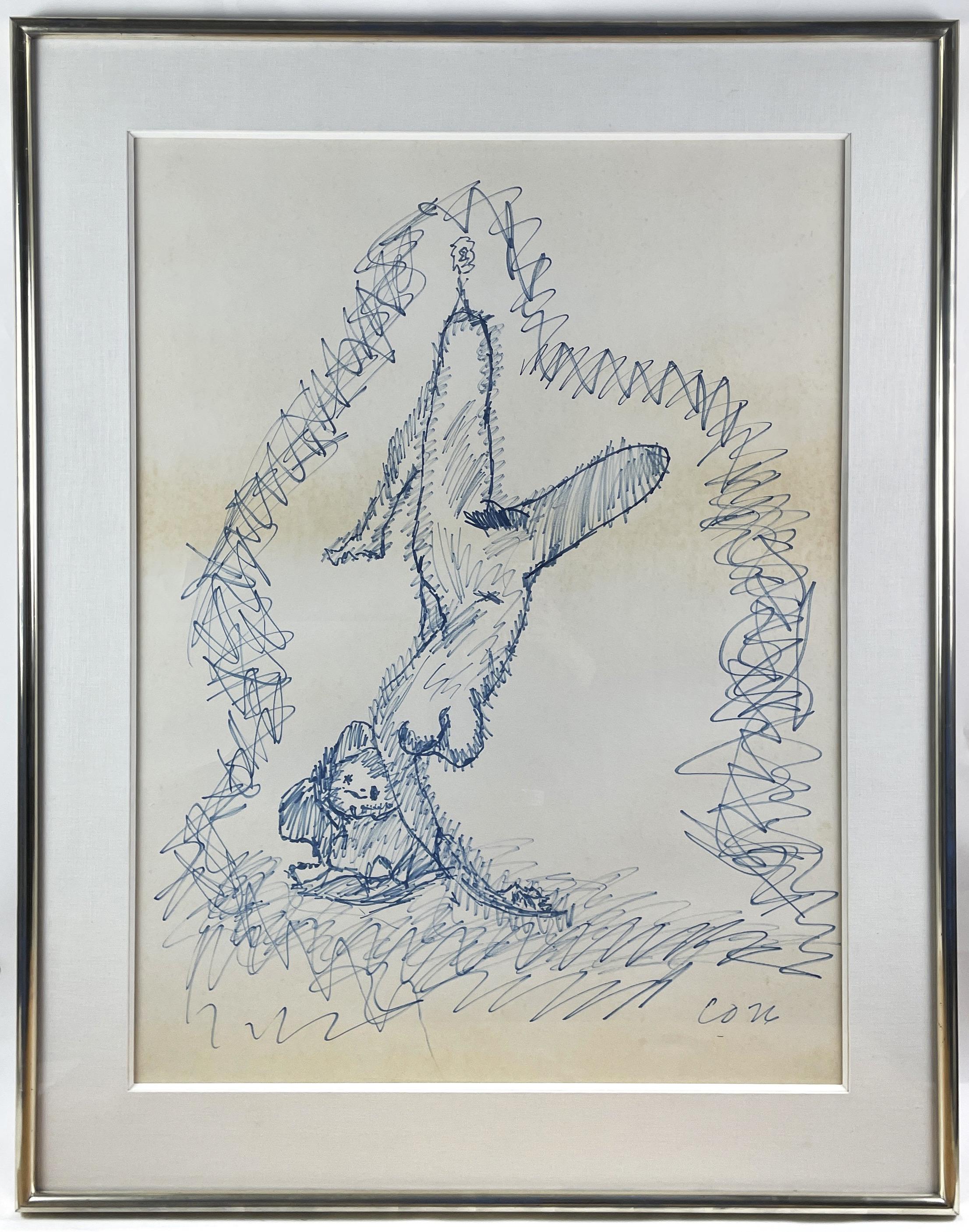 Claes Oldenburg a encadré un dessin sur carton représentant une femme suspendue à une sorte de câble ou de corde, retenu par une poulie. La femme pendue est un motif récurrent dans l'œuvre d'Oldenburg, qu'il s'agisse de représentations sculpturales