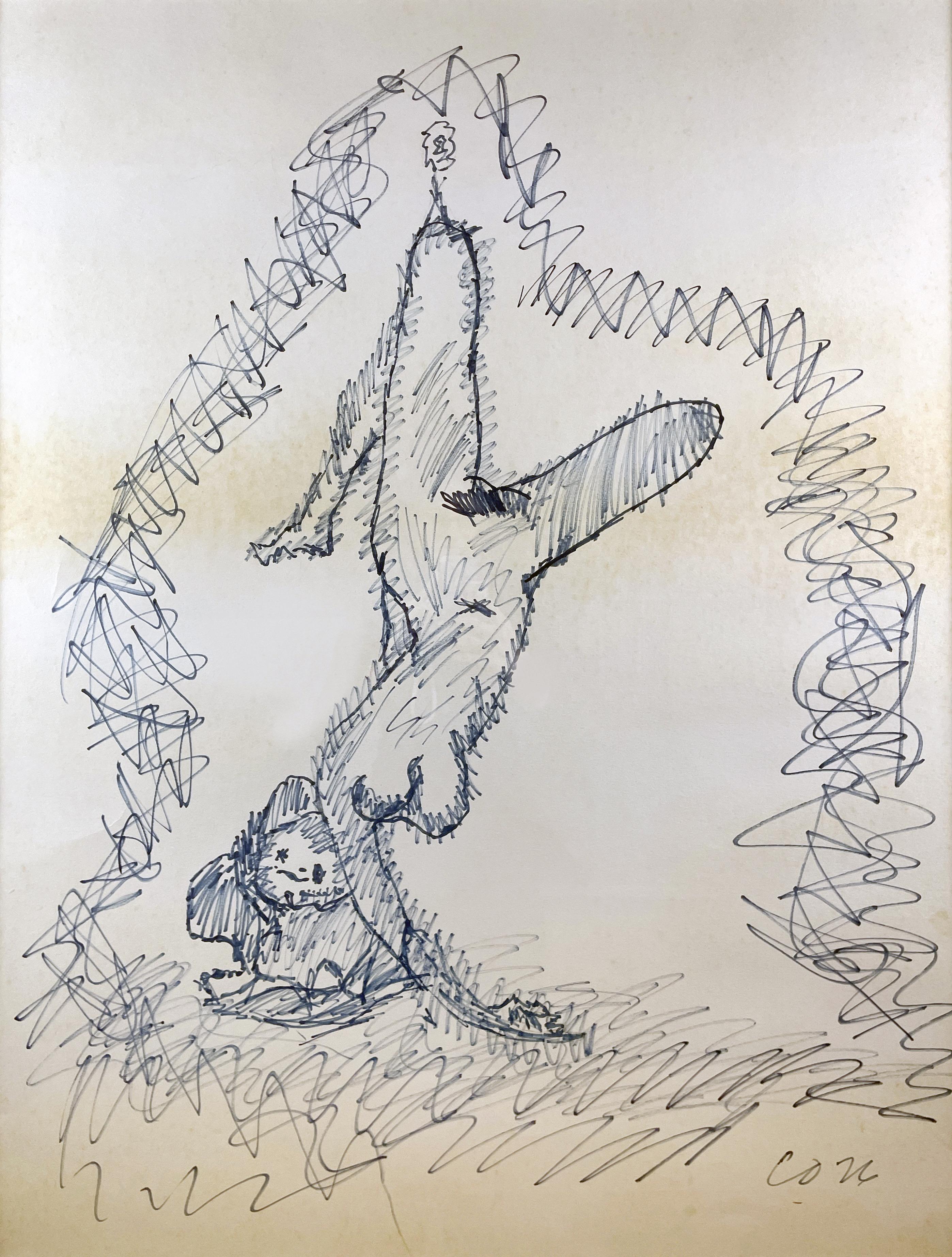 Gerahmte Zeichnung von Claes Oldenburg auf Passepartout, die eine Frau zeigt, die an einer Art Draht oder Seil hängt und von einem Flaschenzug hochgehalten wird. Die hängende Frau ist ein wiederkehrendes Motiv in Oldenburgs Werk, sowohl in