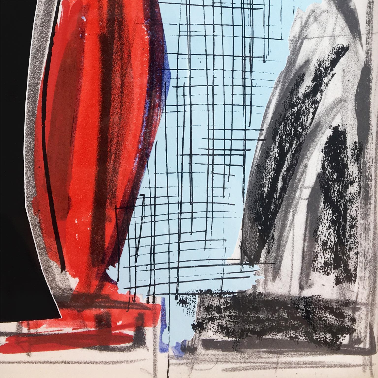  Pop-Art-Szene mit abstrahierten griechischen Säulen und grünen Blättern. Zeichnungen in Schwarz-Weiß, Blassblau, Rot und Grau bilden diese farbenfrohe Grafik. Schichten aus Plexiglas verleihen diesem dreidimensionalen Werk das Gefühl einer