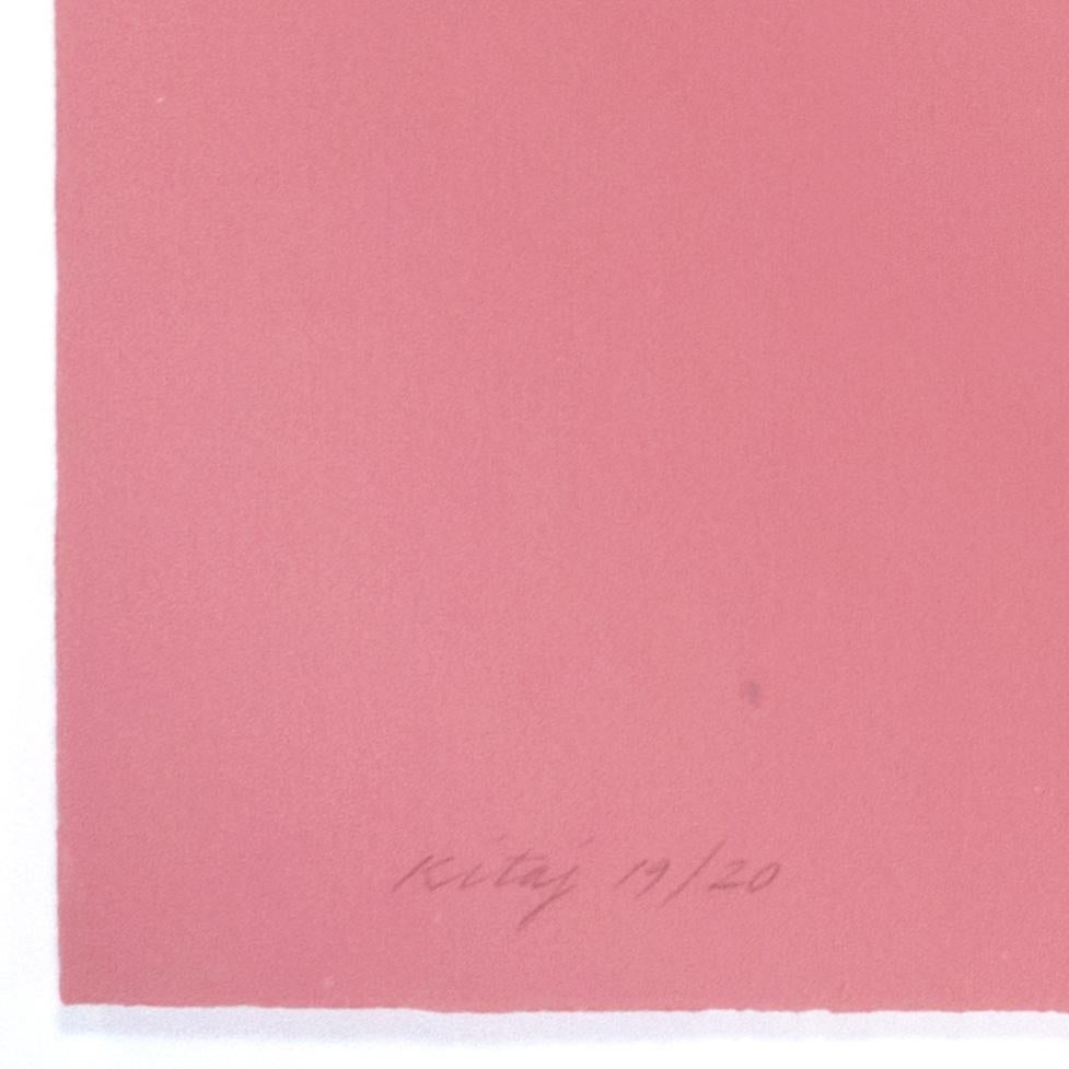 Kitaj’s drawing on pink paper is of a man in profile, wearing a sou’wester: a fisherman’s collapsible rain hat. The image is a wry portrait, ostensibly of Albert Blake Dick, inventor of the mimeograph and founder of the AB Dick office supply