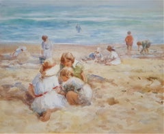Children Playing on the Beach /// British Watercolor Figurative Seascape Antique