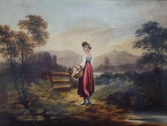 Jeune fille avec panier /// Aquarelle victorienne ancienne, Lady Woman Landscape britannique