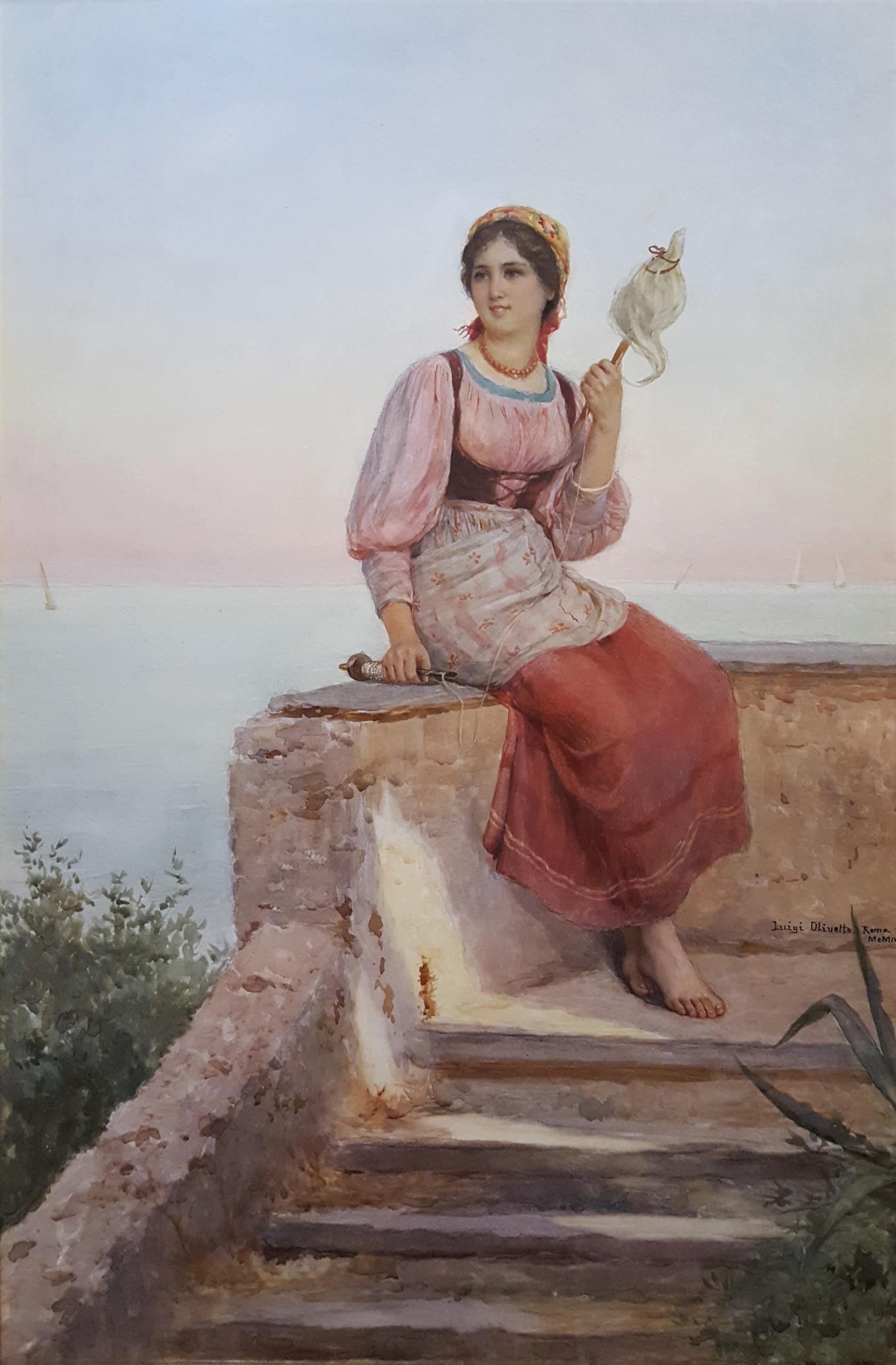Luigi Olivetti Figurative Art - Young Italian Woman Spinning Thread /// Antique Watercolor Rome Lady Landscape