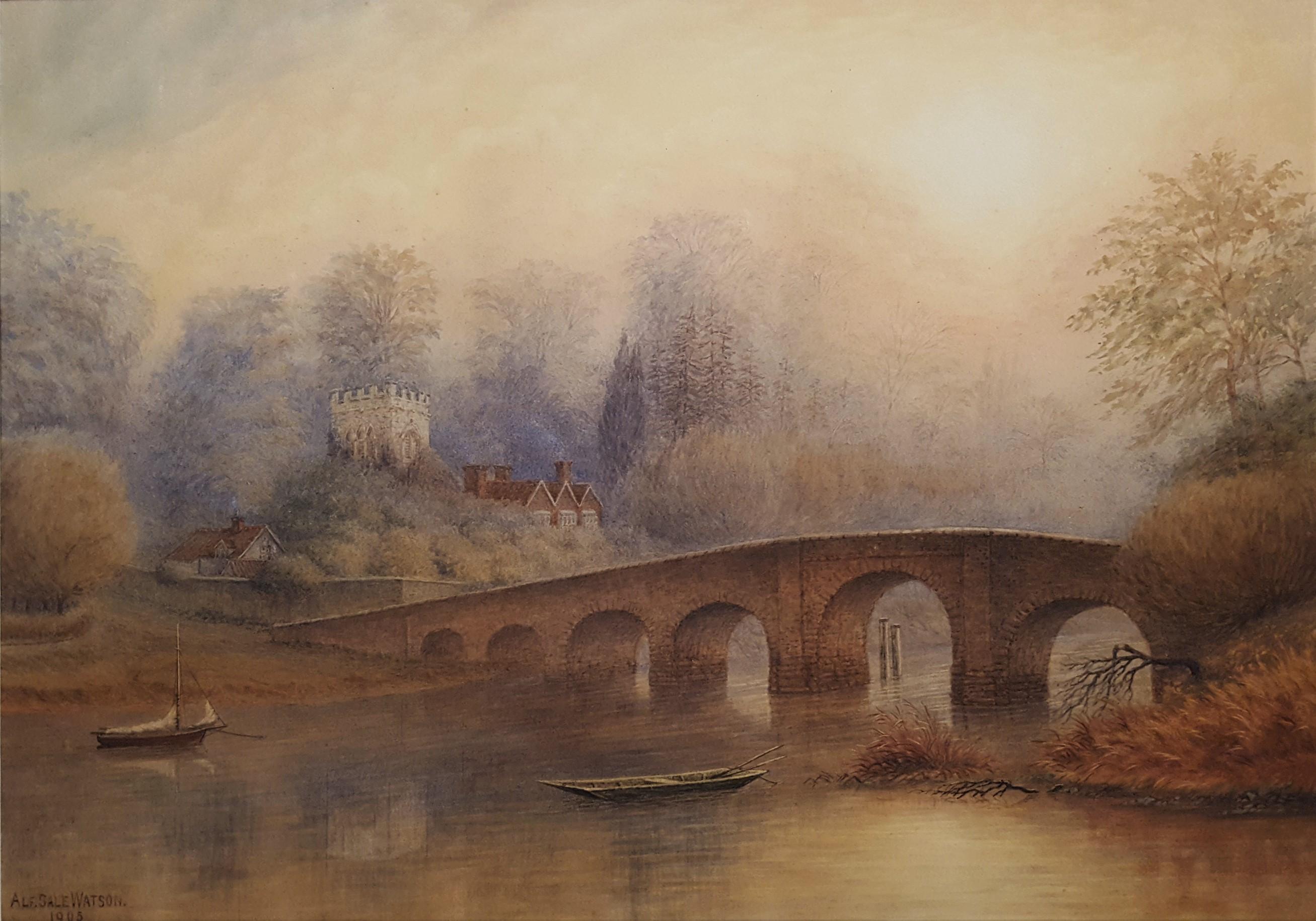 Alfred Sale Watson Landscape Art – Bridge at Sonning an der Themse /// Antike britische Aquarellbogen-Architektur 
