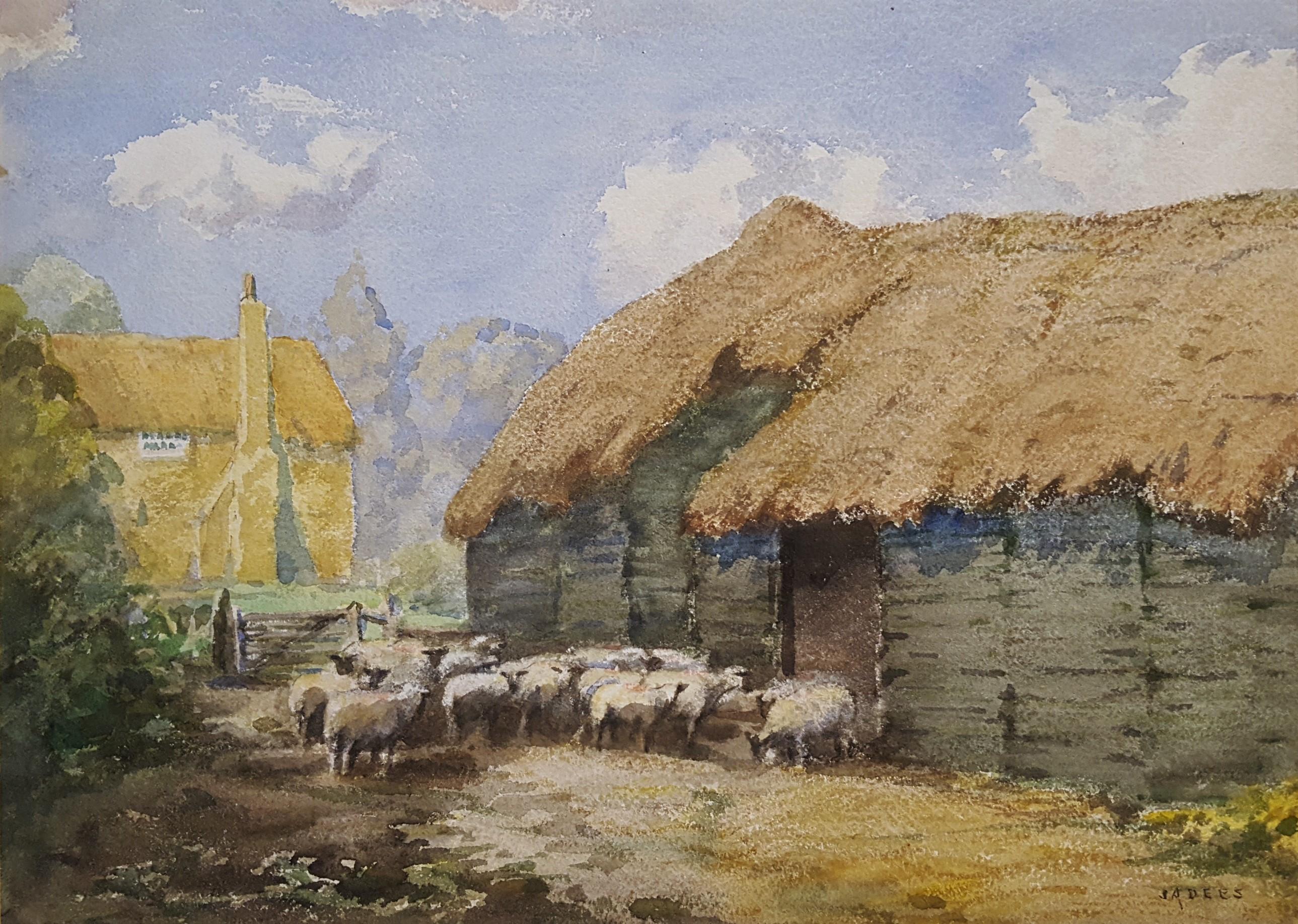 John Arthur Dees Animal Art - In Cambridgeshire /// British English Sheep Farm Cottage Village Watercolor Art