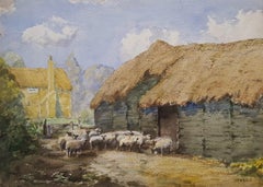 Aquarelle d'art anglaise d'une ferme de moutons du Cambridgeshire ///