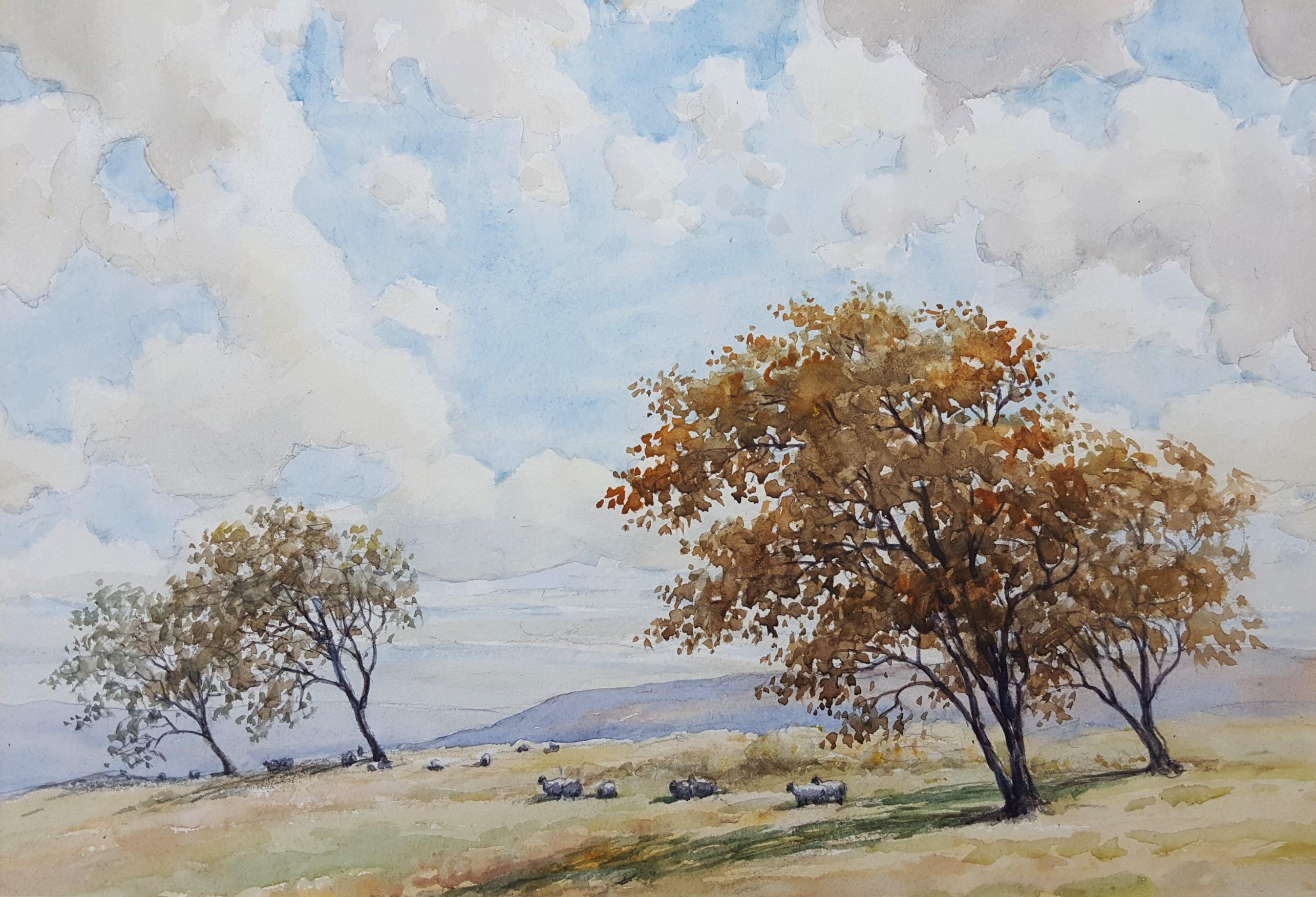 Tom Whitehead Landscape Art - A Windy Day ... Blackstone Edge /// British English Antique Watercolor Landscape