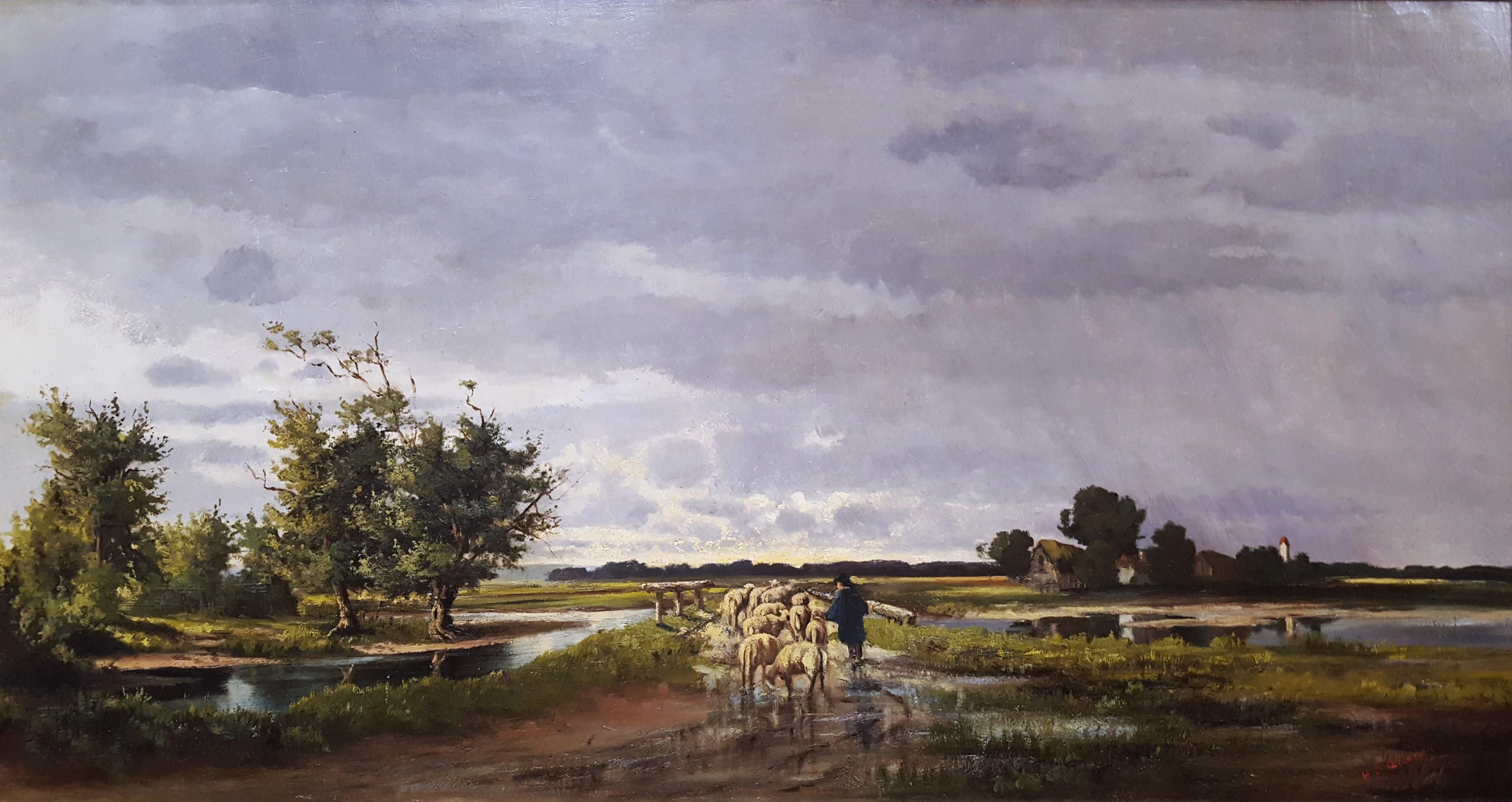 Henrietta S. Quincy  Landscape Painting - Shepherd with Sheep Pastoral Landscape